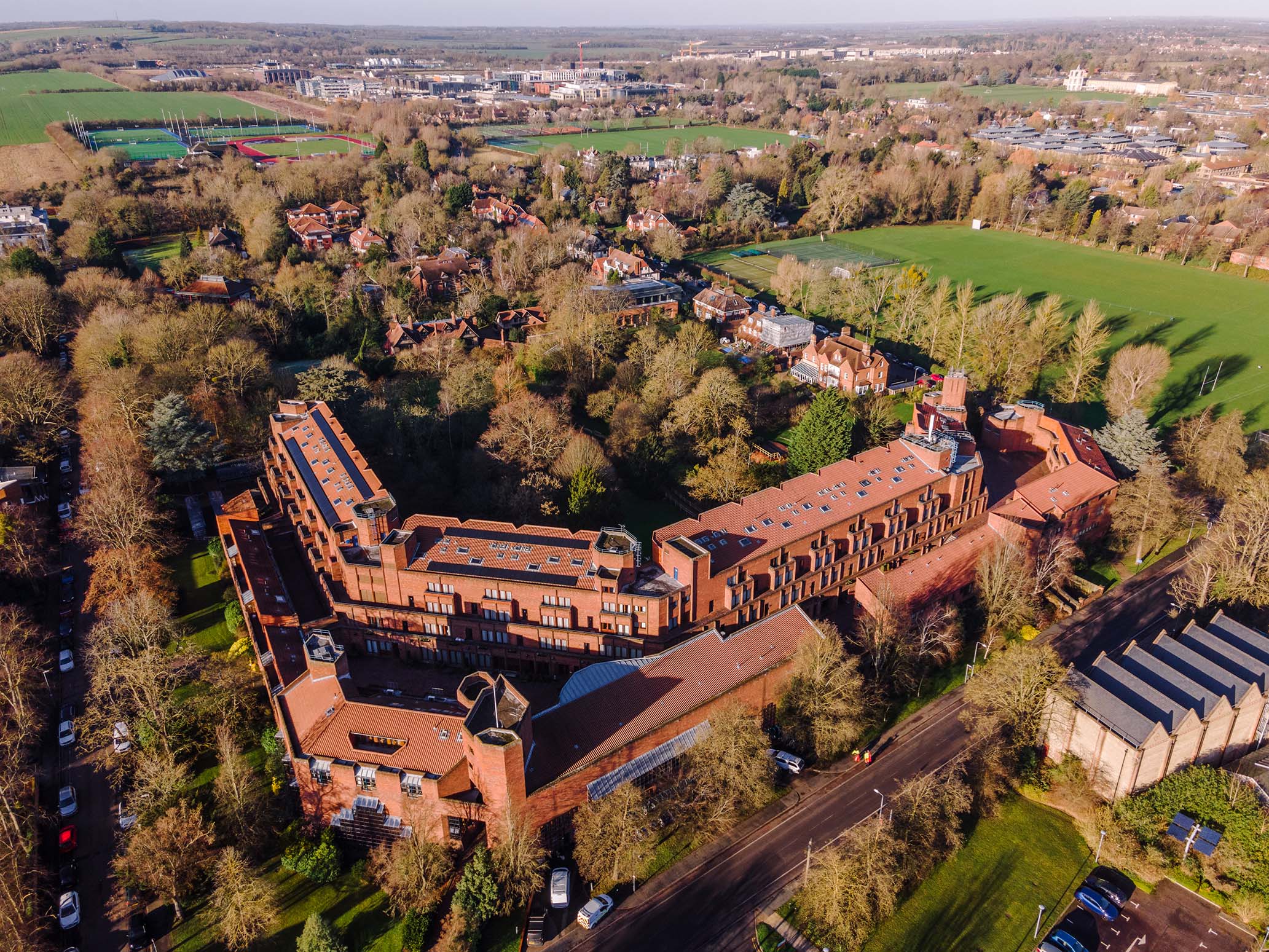 An aerial drone photograph of Robinson College, Cambridge.