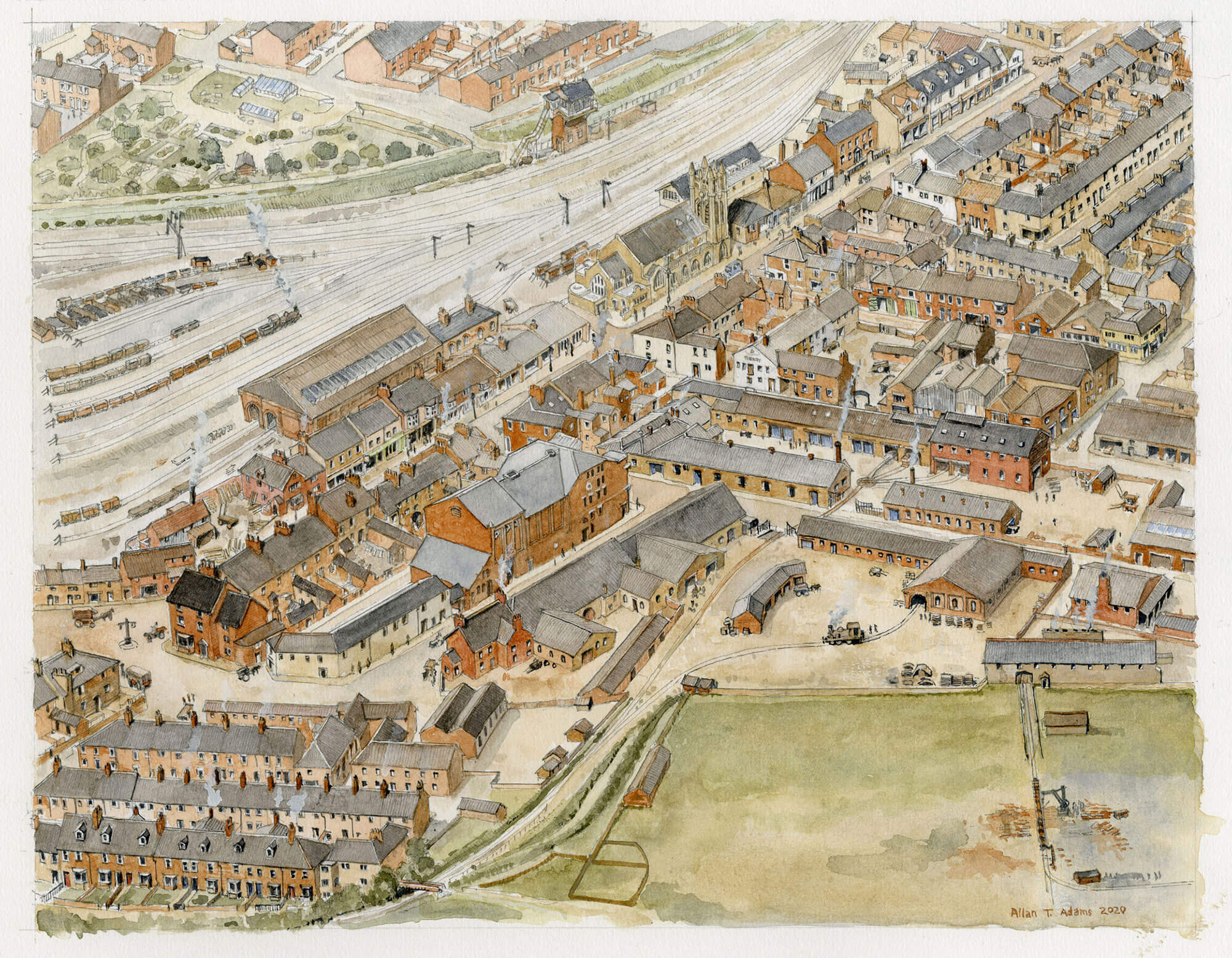 A reconstruction illustration of a railway town.