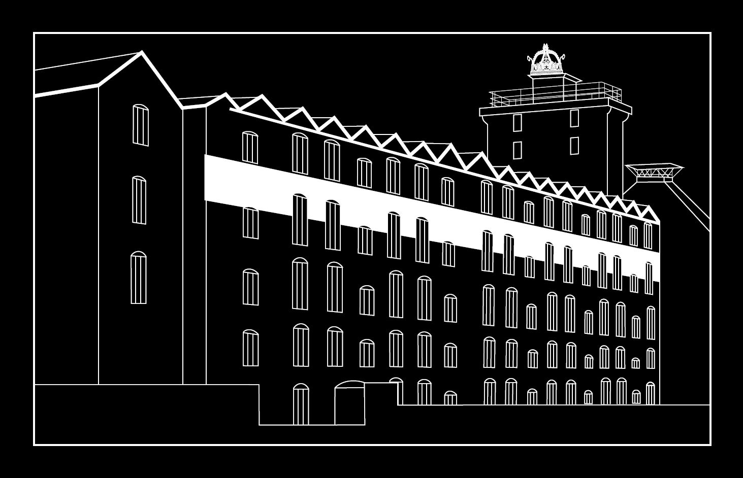 White on black illustration of Shrewsbury Flaxmill Maltings