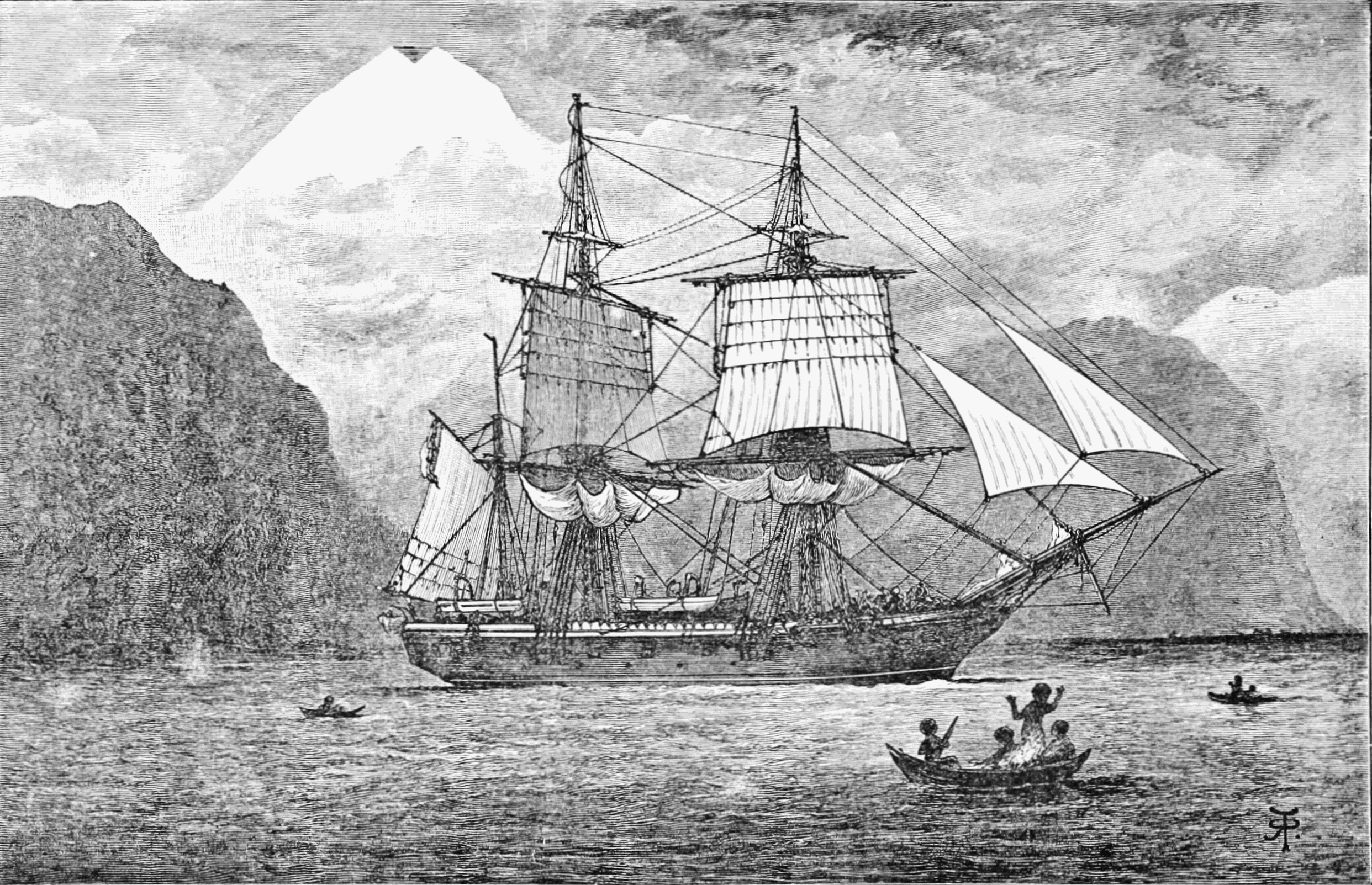 Black and white drawing depicting the HMS Beagle. There are smaller boats around it showing people waving to it.
