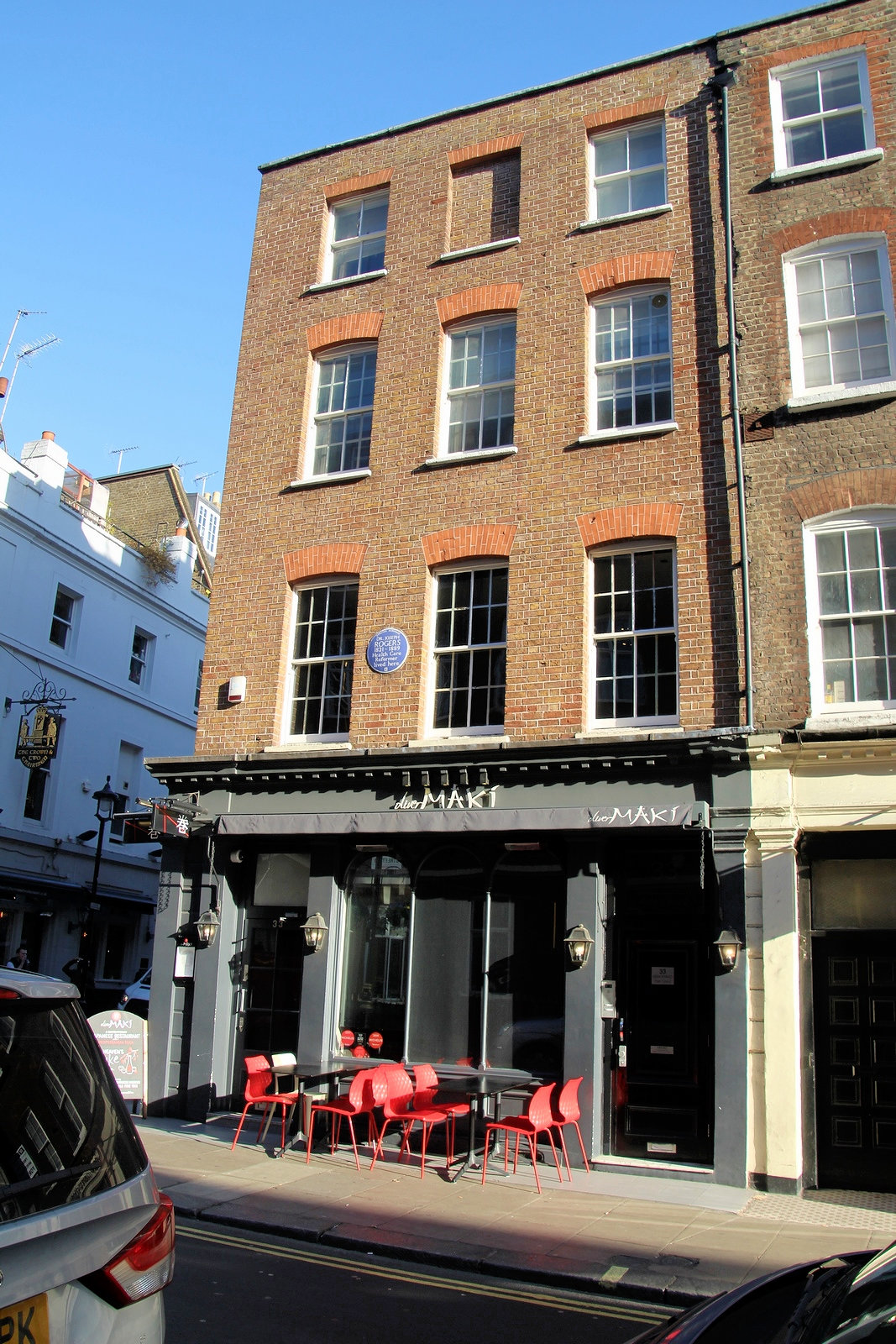 Georgian building with blue plaque dedicated to Dr Joseph Rogers, health care reformer who lived there 1821 to 1889.