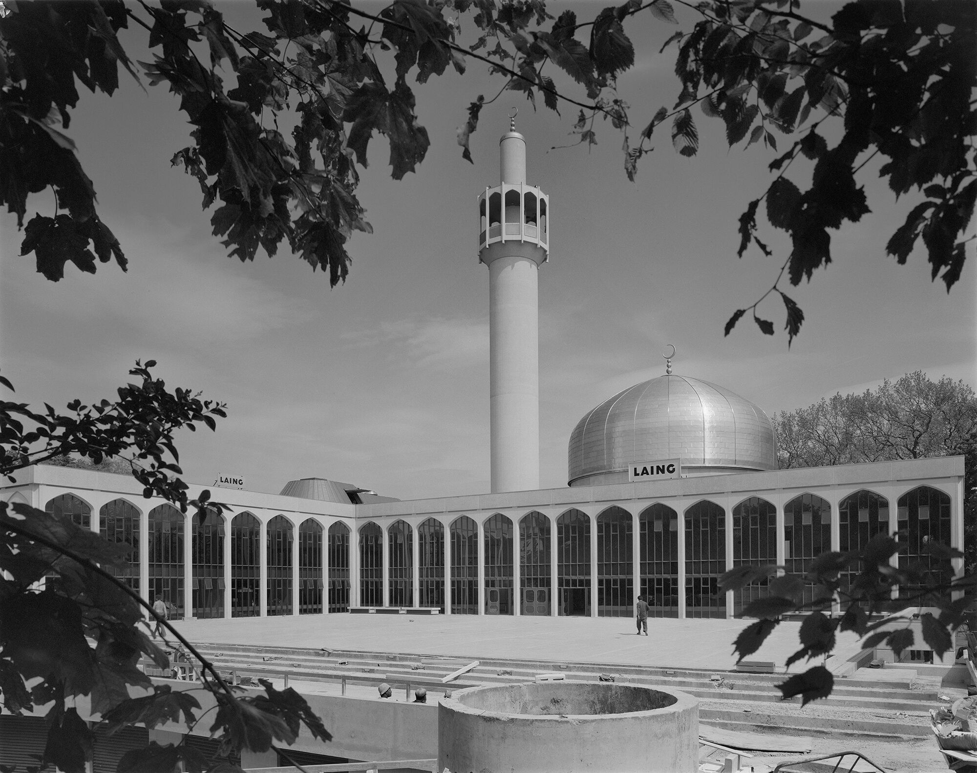 Black and white photograph of the newly completed London Central Mosque.