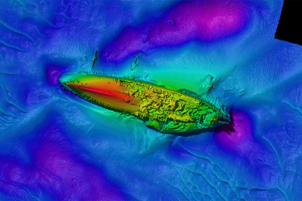 Multibeam image of the upside-down hull of the pre-First World War battleship SMS Grosser Kurfurst