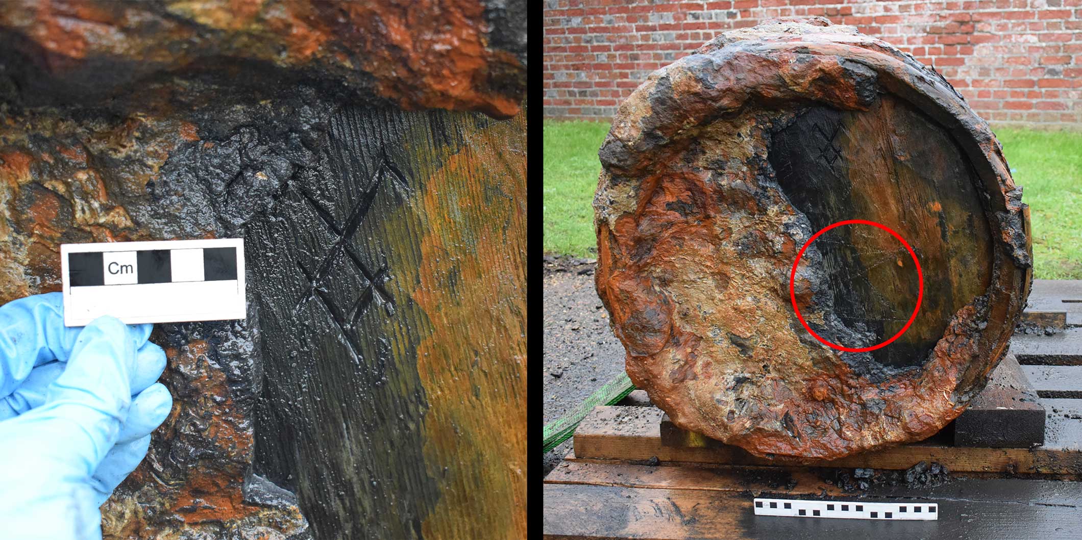 Image is a composite of two, the left hand one a close-up shot detailing the carved mark (which is broadly kite-shaped and symmetrical), the right hand one a wide-angle shot of the entire headpiece additionally showing a second mark scratched below it.