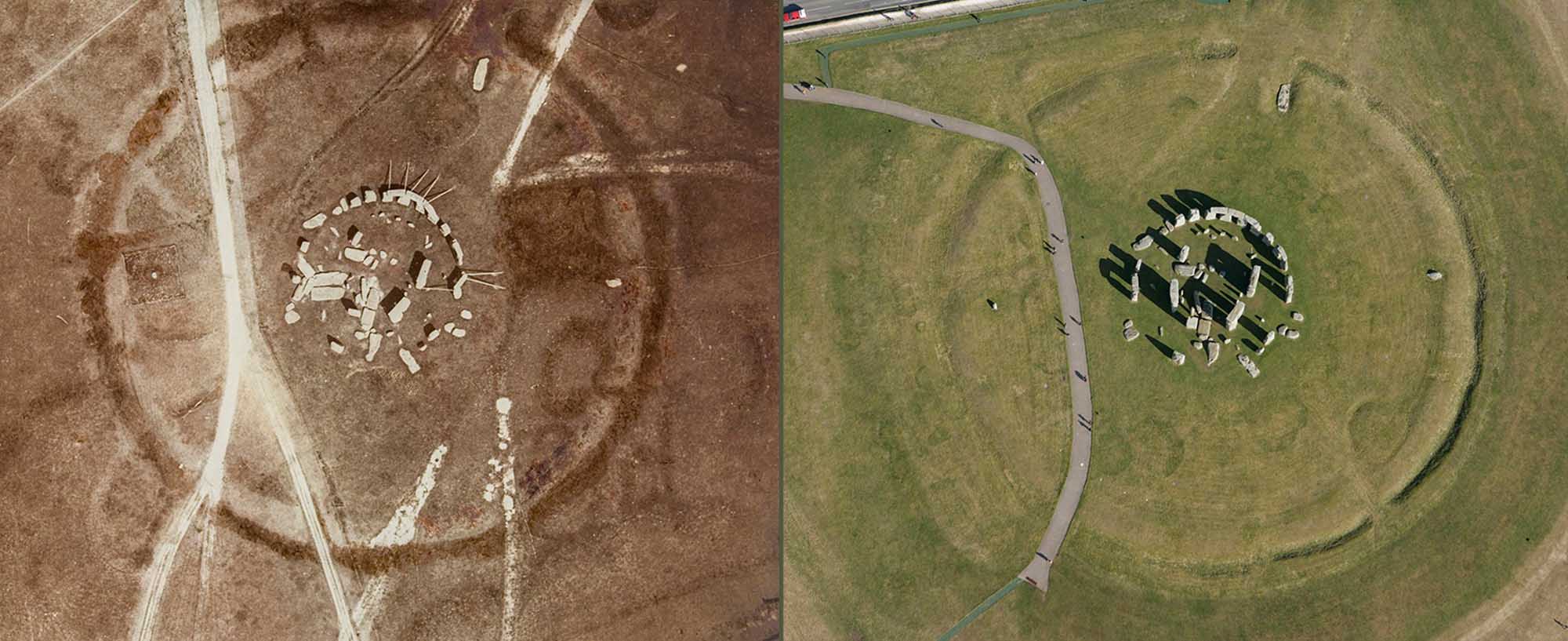 Two aerial images of Stonehenge taken in 1906 and 2006.
