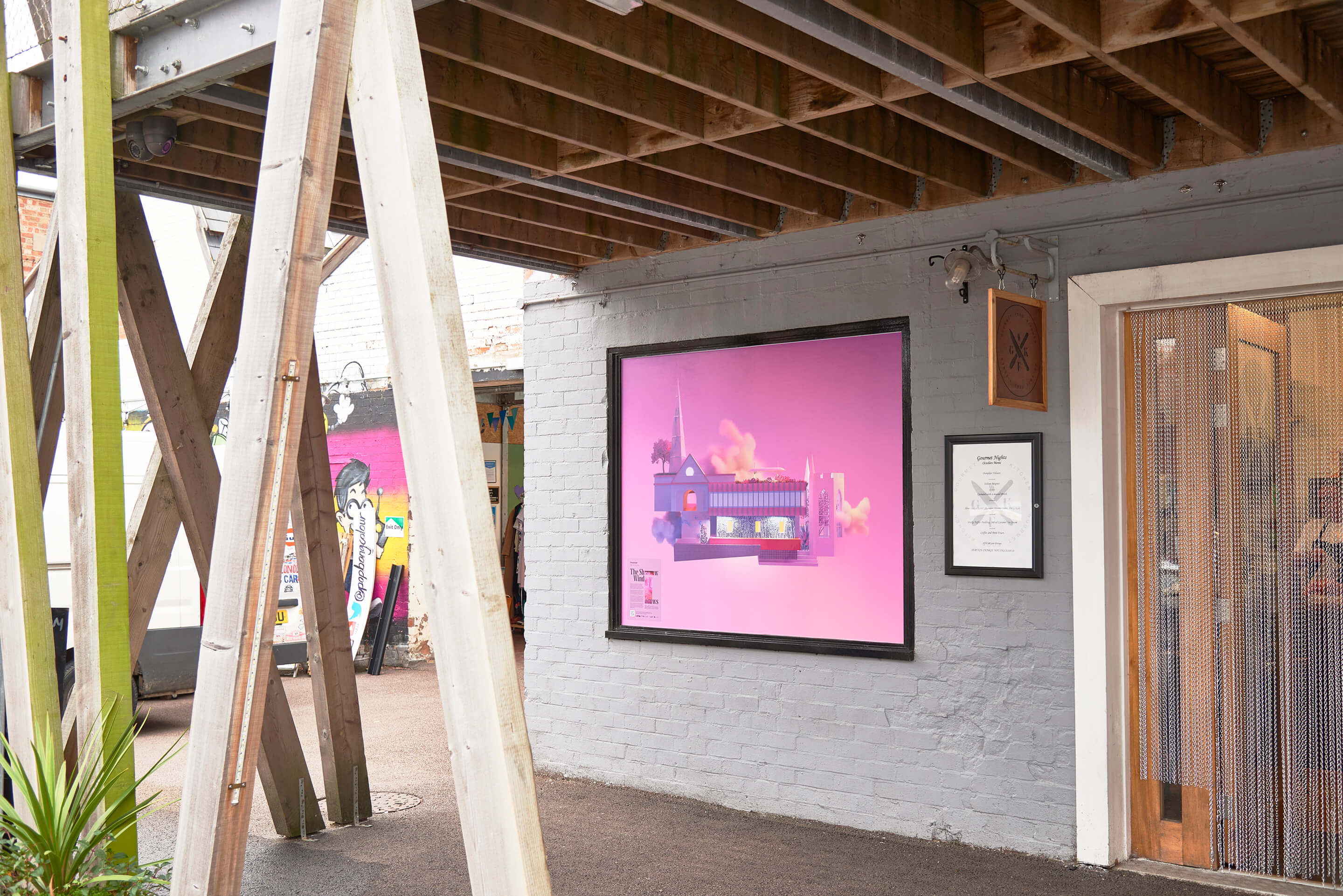 Digitally rendered artwork of Coventry Cathedral mounted in a window
