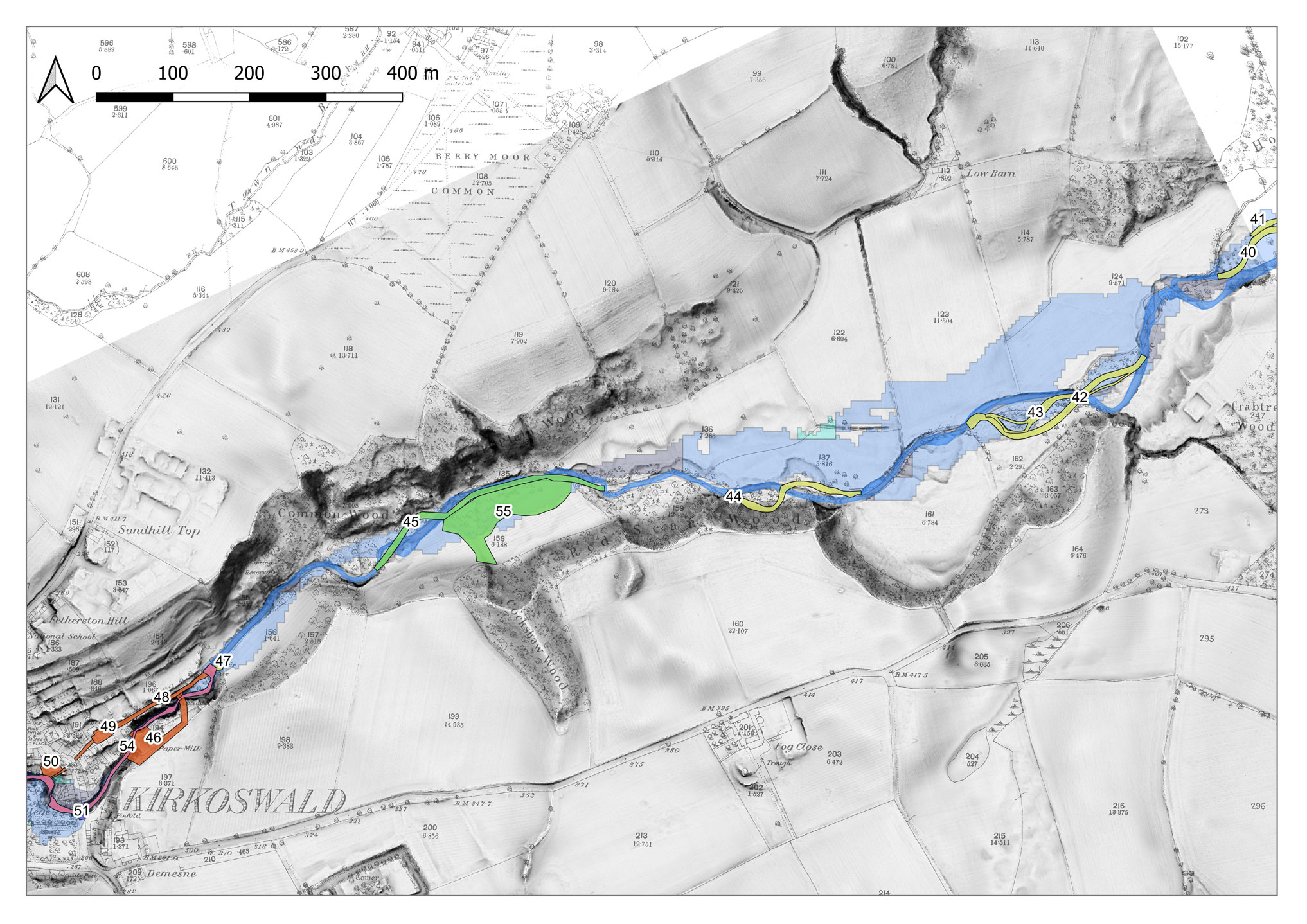 A screenshot of a GIS system with shapes depicting Historic Watercourse Polygons, over historic mapping.