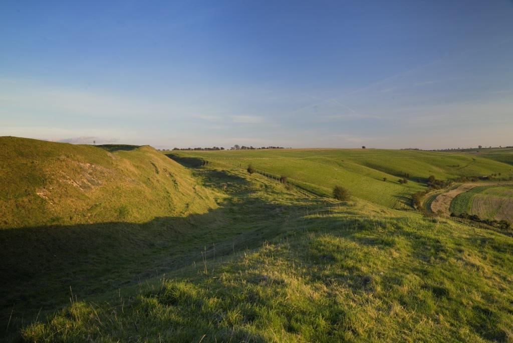 Landscape view of earthwork Liddington Castle, Liddington, Wiltshire.