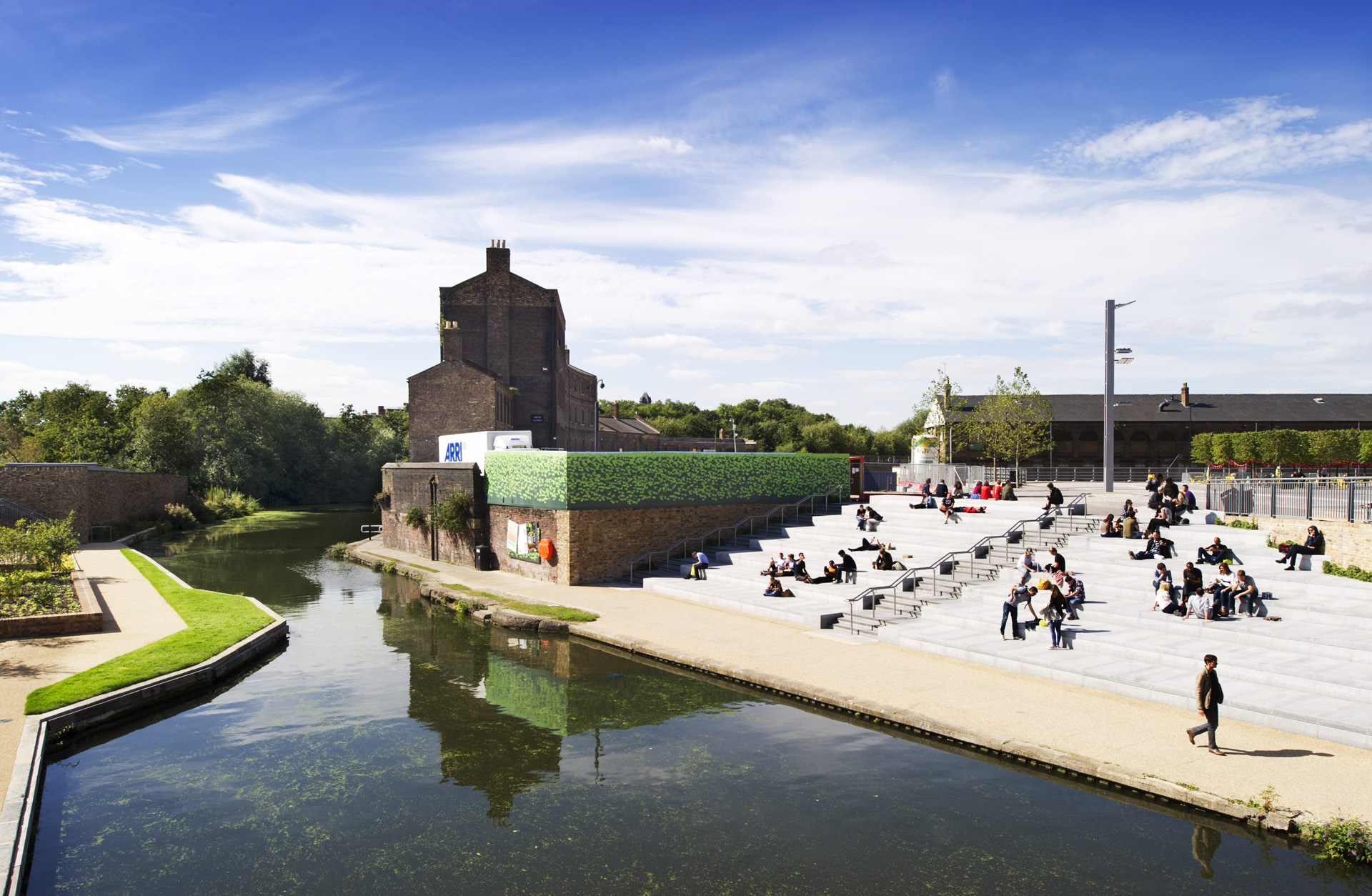 General view of the redeveloped canal basin near King's Cross station, Euston Road, London.