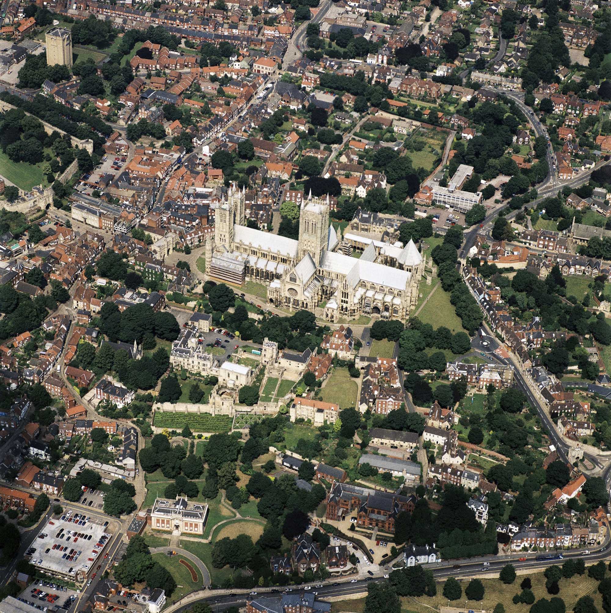 Aerial view of Lincoln, near the cathedral.