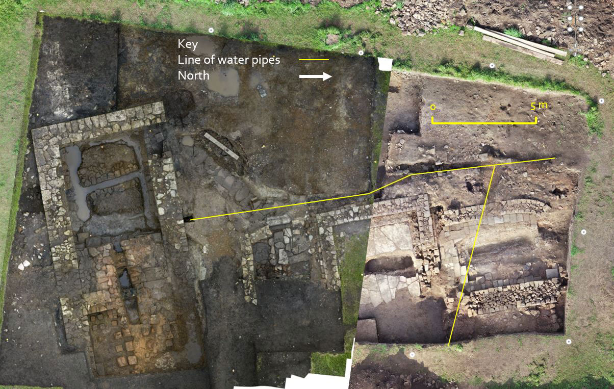Mosaic of excavated masonry buildings with projected line of the water supply annotated.