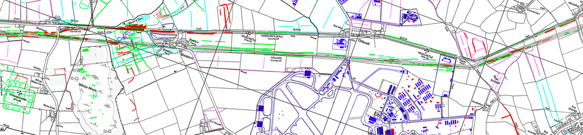 Colour images showing map background with various patterns of red, green and cyan lines and blocks denoting various features
