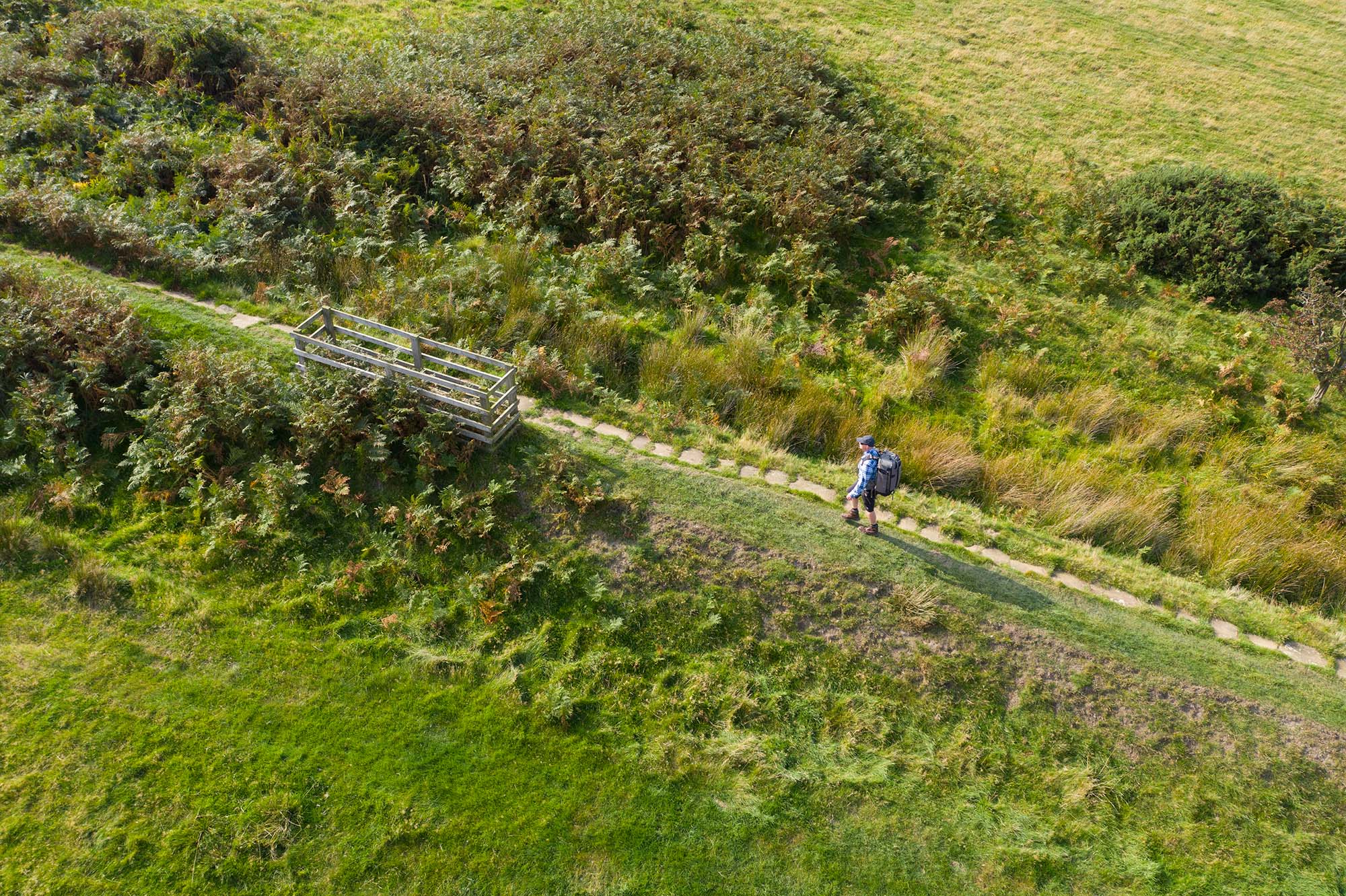 Overhead view of a person walking along Kirby Bank Trod.