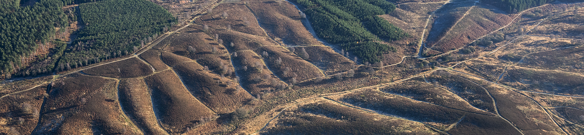Colour aerial photo showing heathland with deeply incised valleys and some plantations