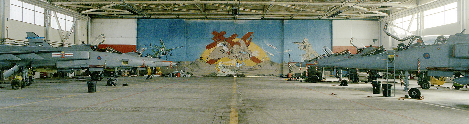 RAF Coltishall, Norfolk, Hangar 1 with a large picture of a double armed Cross of Lorraine taken from 41 Squadron’s badge painted on the hangar’s doors.