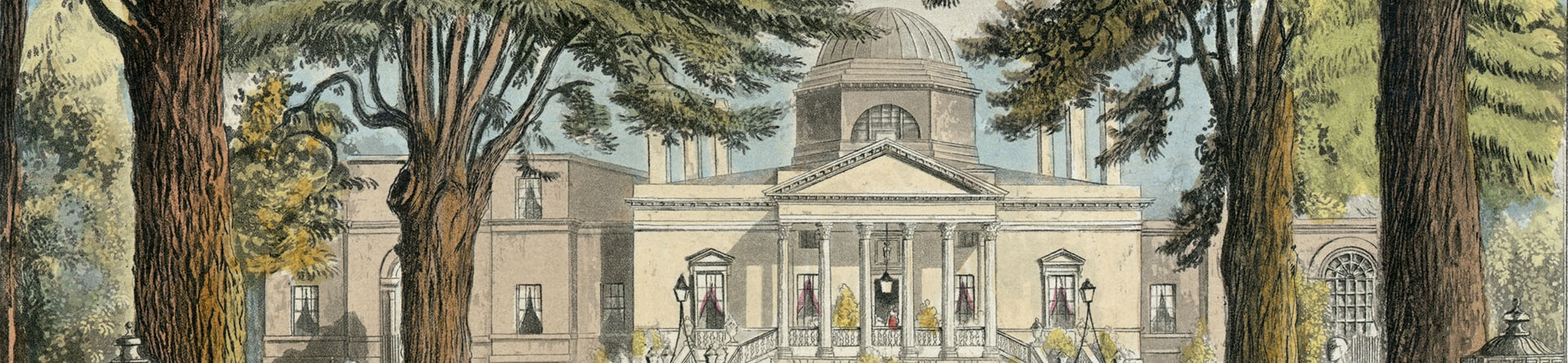 Engraving showing the tree-lined path leading up to the front of Chiswick House