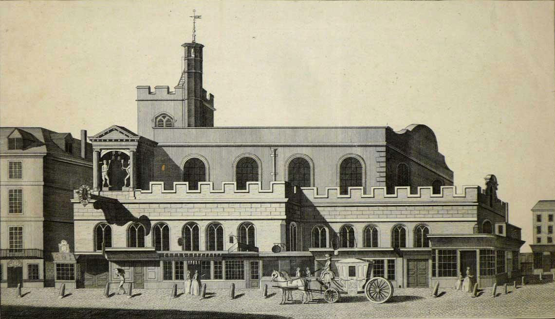 Monochrome illustration of St Dunstan's Church and passing pedestrians and carriages.