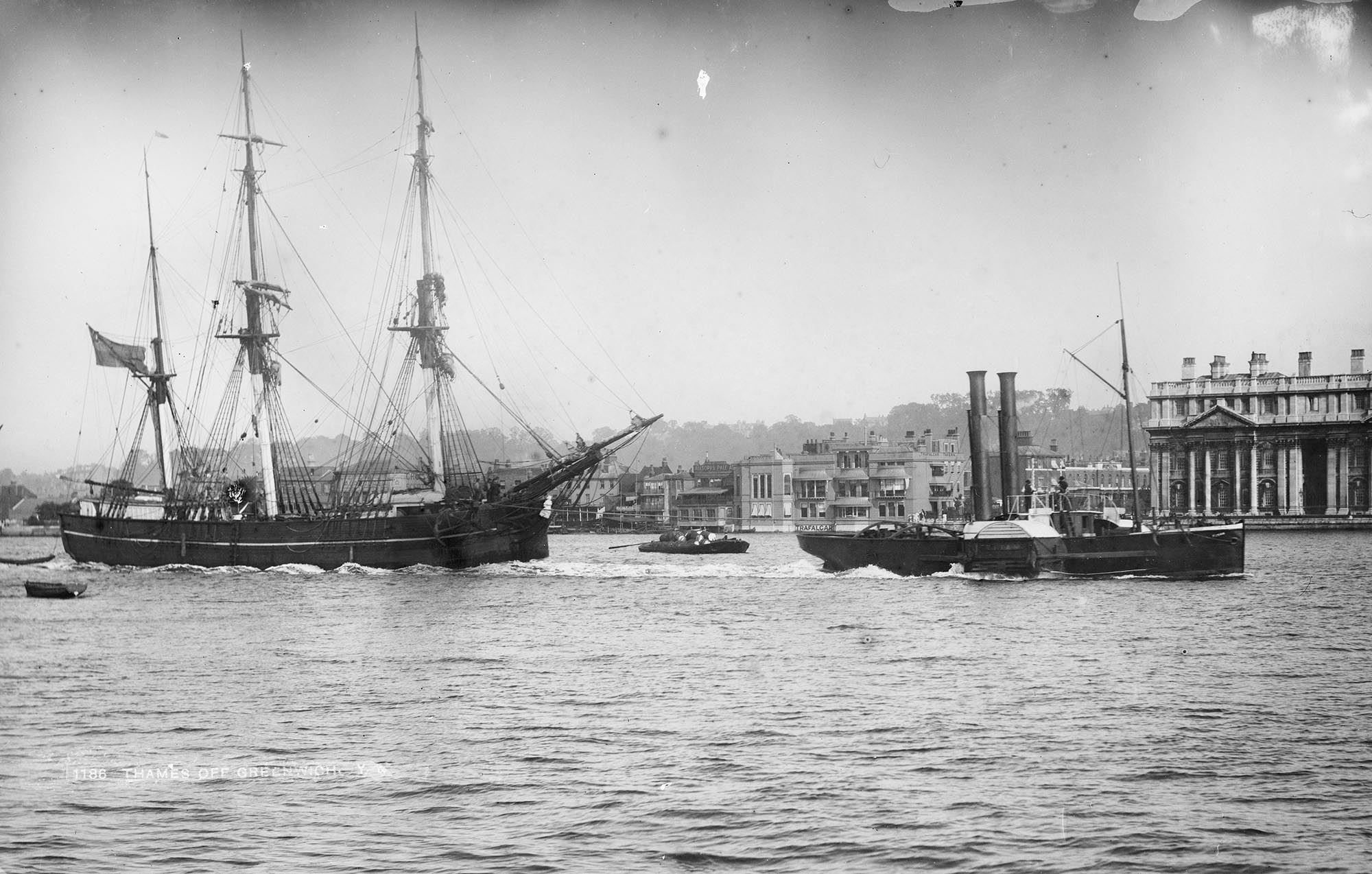 Sailing vessel and paddle steamer on the River Thames at Greenwich