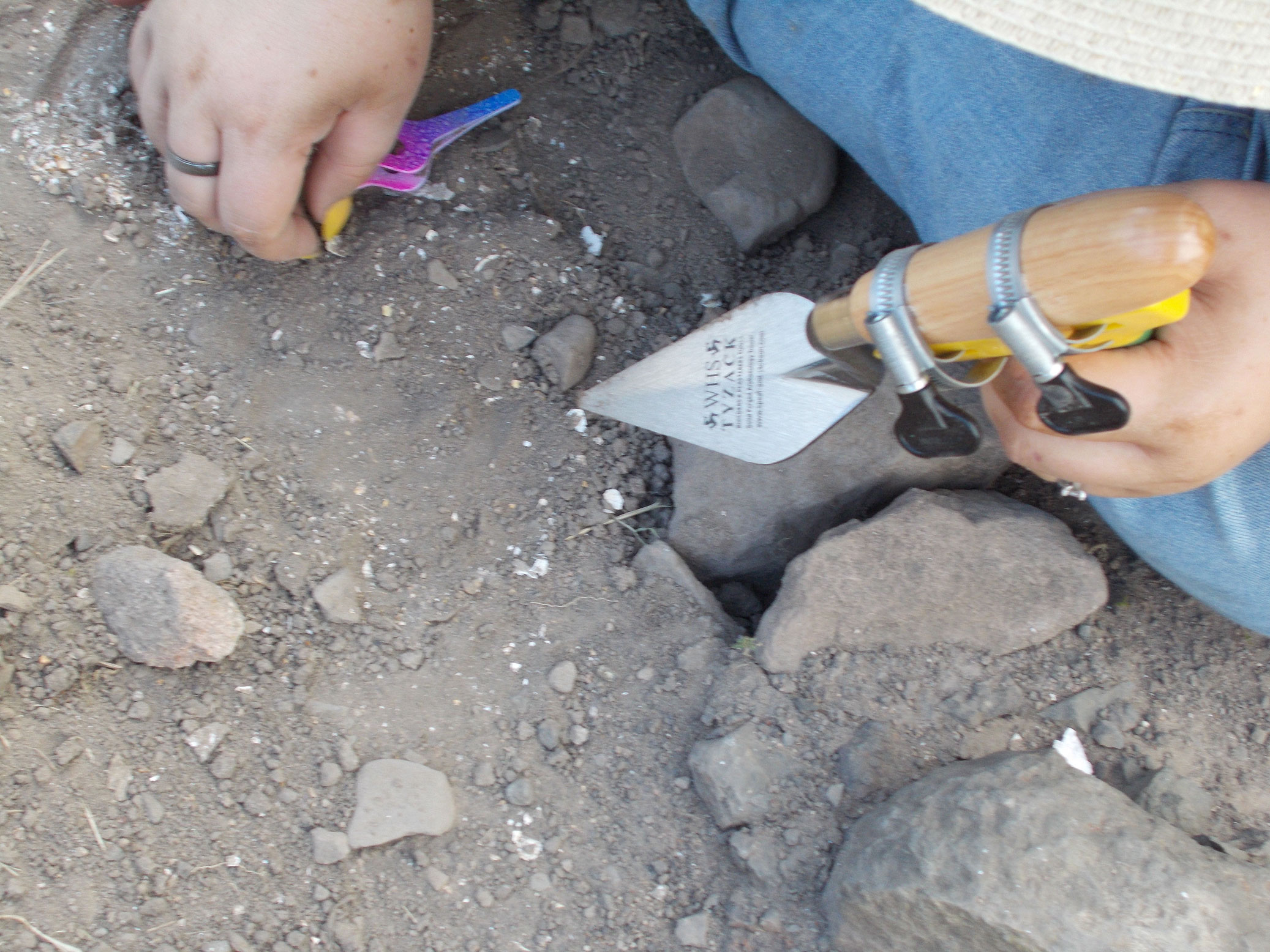 Detail of a modified archaeological WHS trowel in use, which has been mounted on a special handle at right angles to the standard wooden handle.