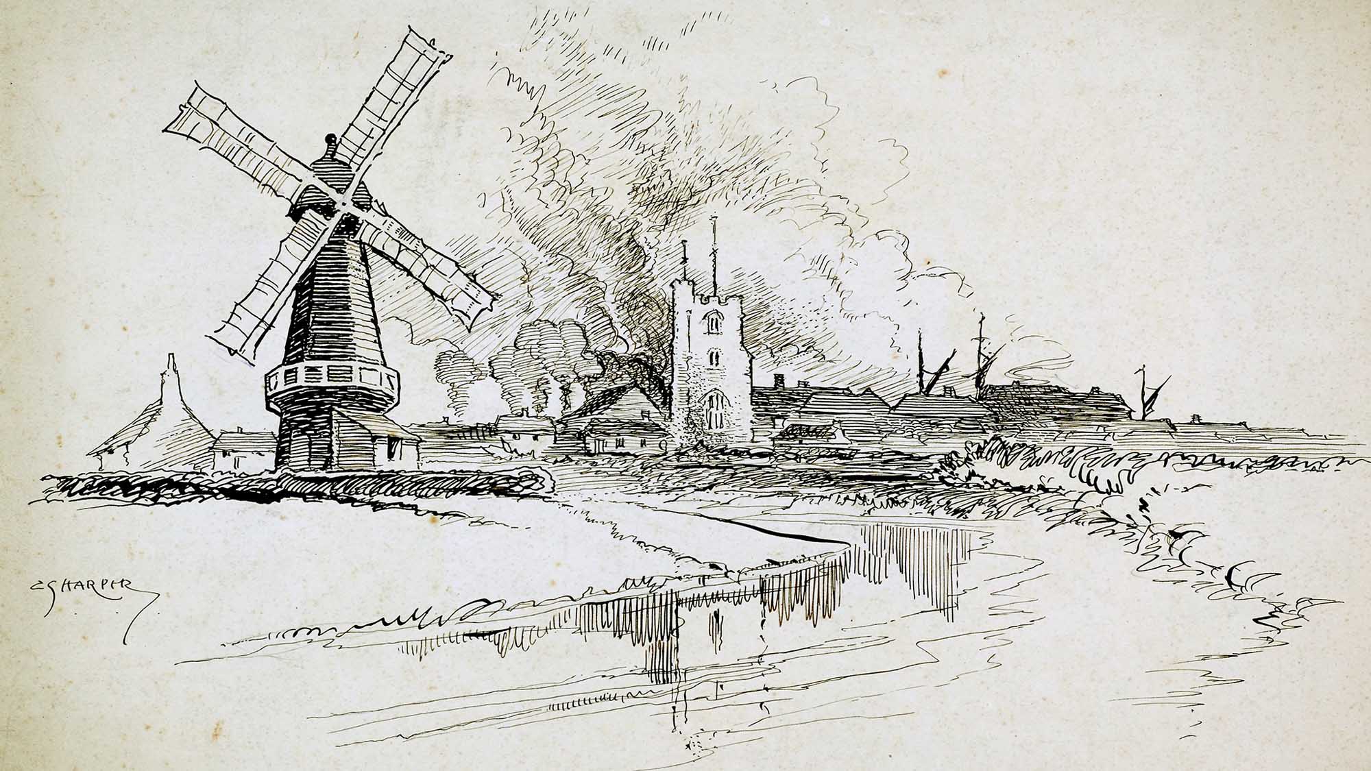 Line-drawn archive illustration showing a windmill, a river and a church tower
