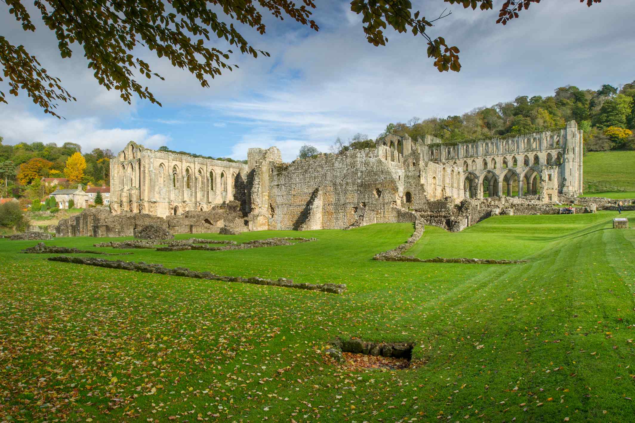 A view of the ruins of an abbey.