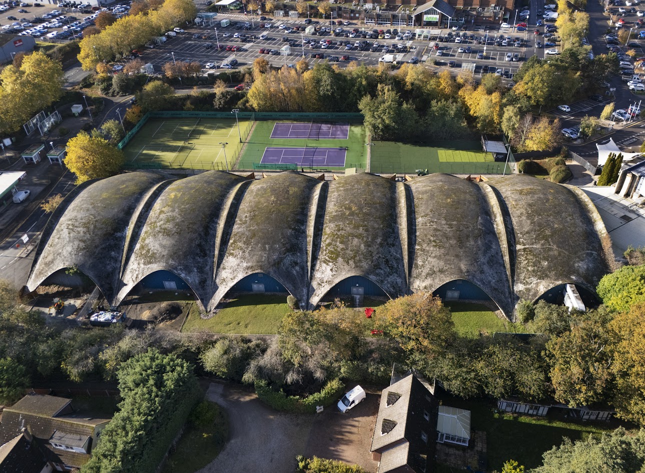 An aerial photograph showing the undulating roof of Norwich Sports Village.