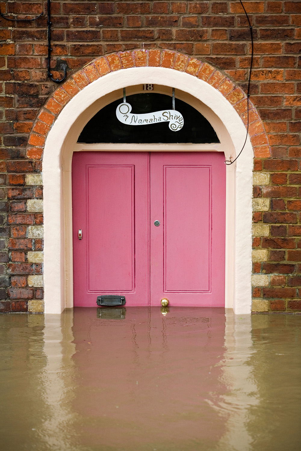 A pink front door half submerged in dirty water.