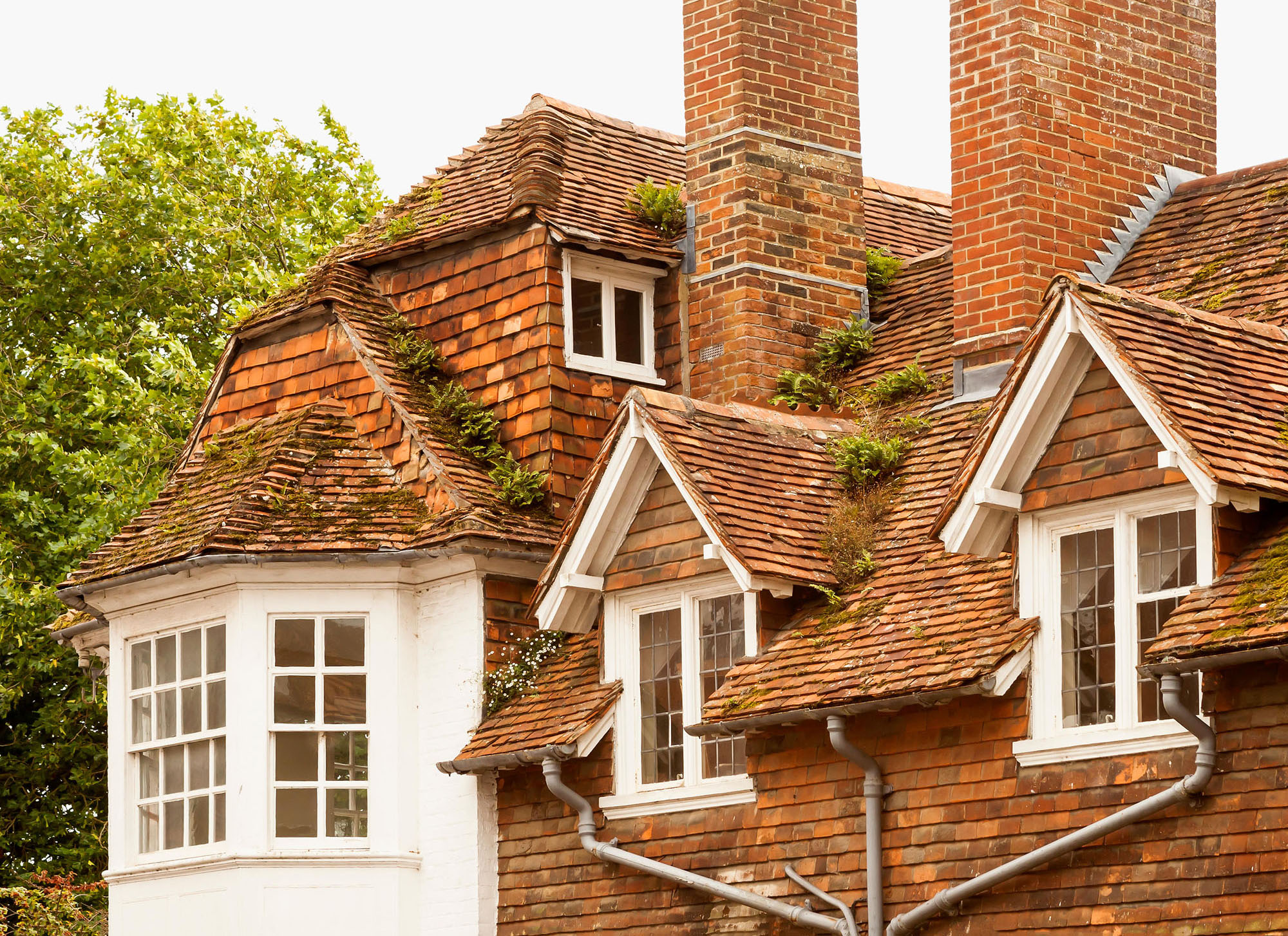 Roof line of large clay tiled house, including 2 dormer windows and 2 chimney stacks.