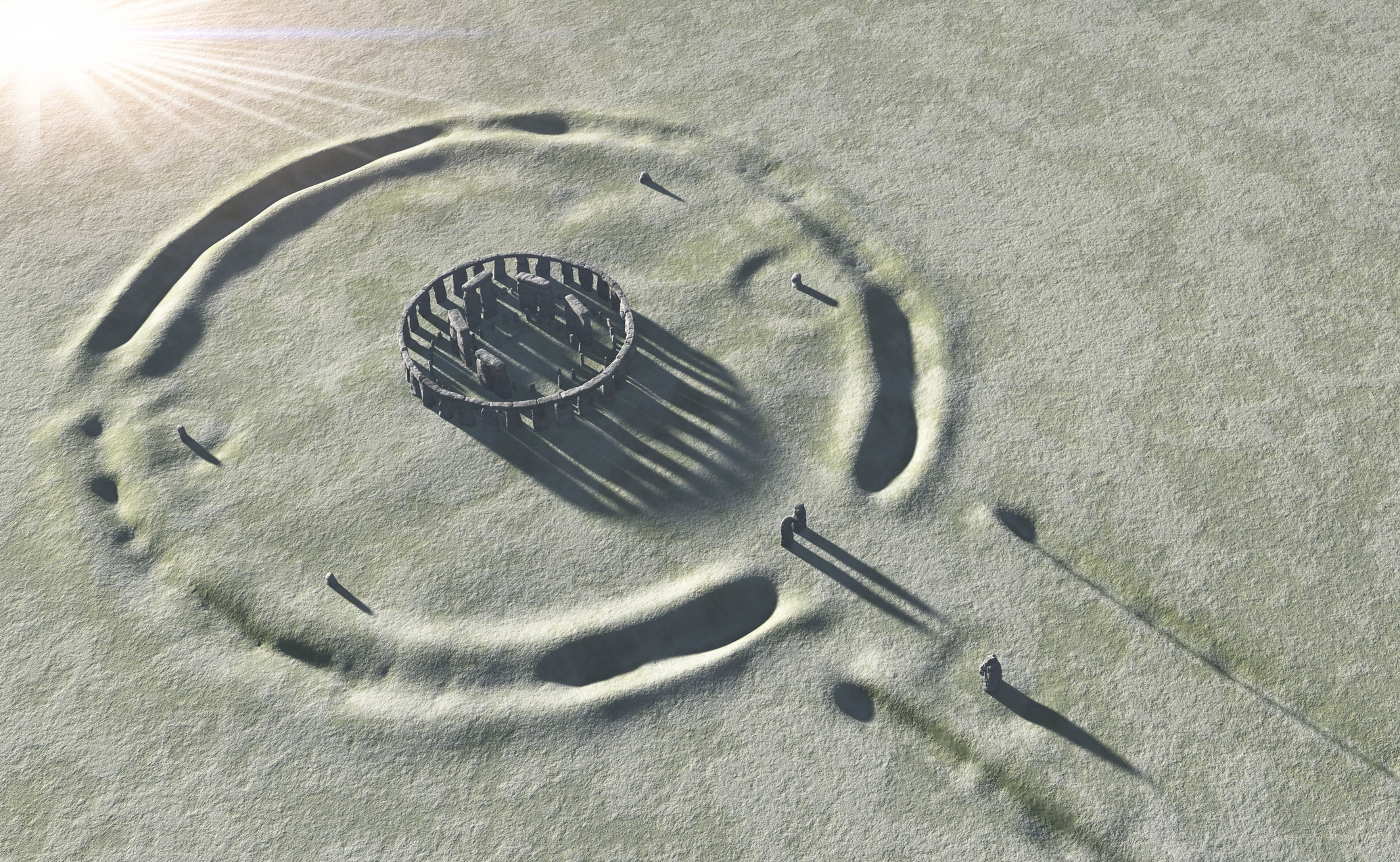 A reconstruction image of Stonehenge seen from above at the time of the winter solstice with the sun casting long shadows of the stones.