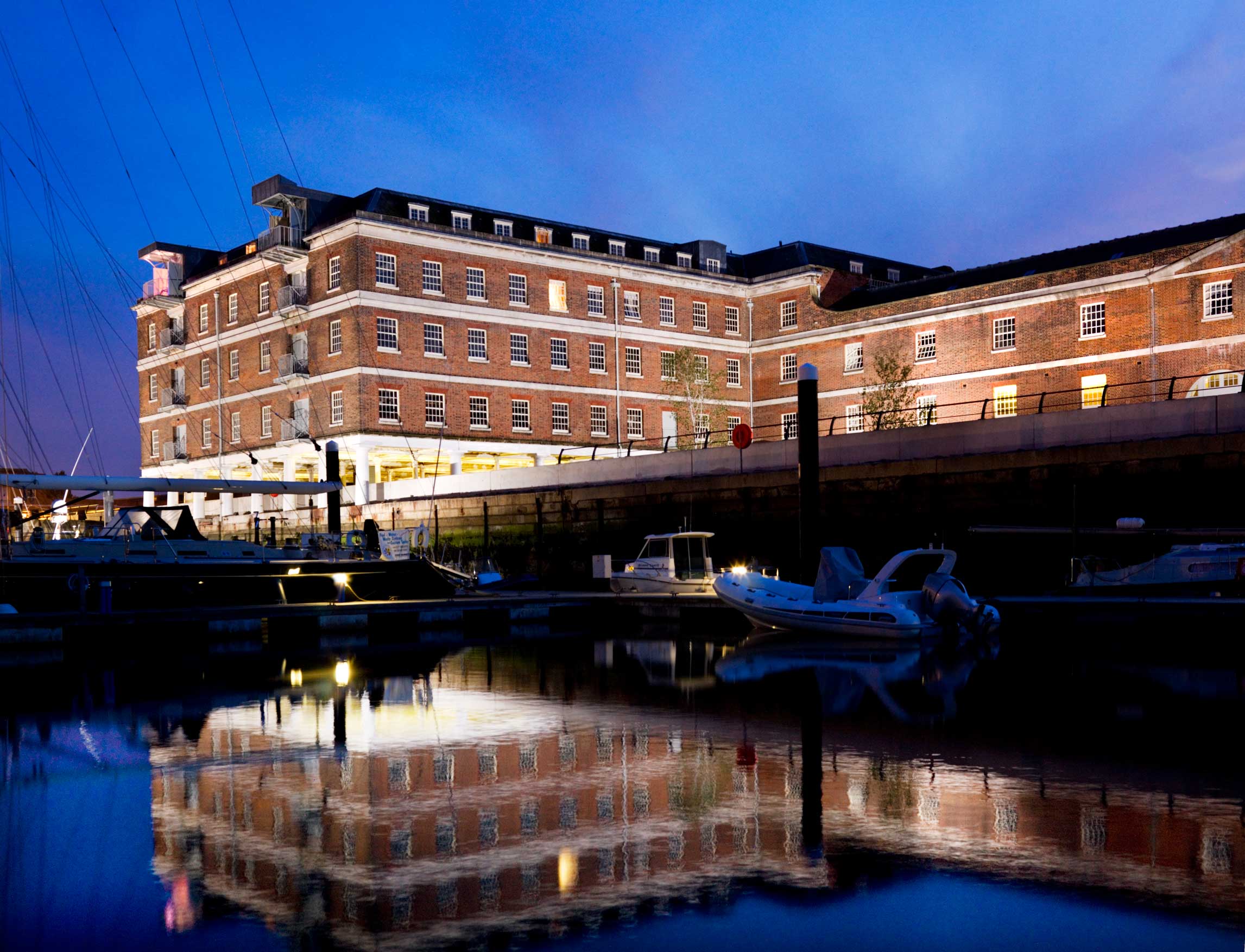 A night-time view of restored dockyard area at Gosport.