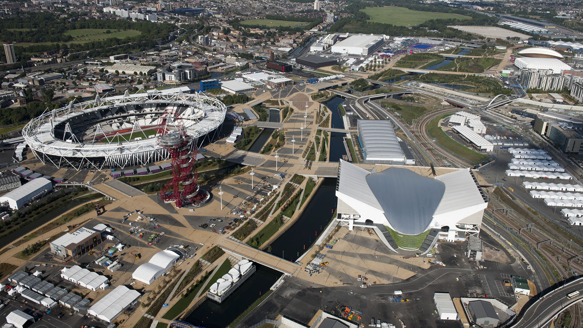Aerial view of Queen Elizabeth Olympic Park, Stratford in East London