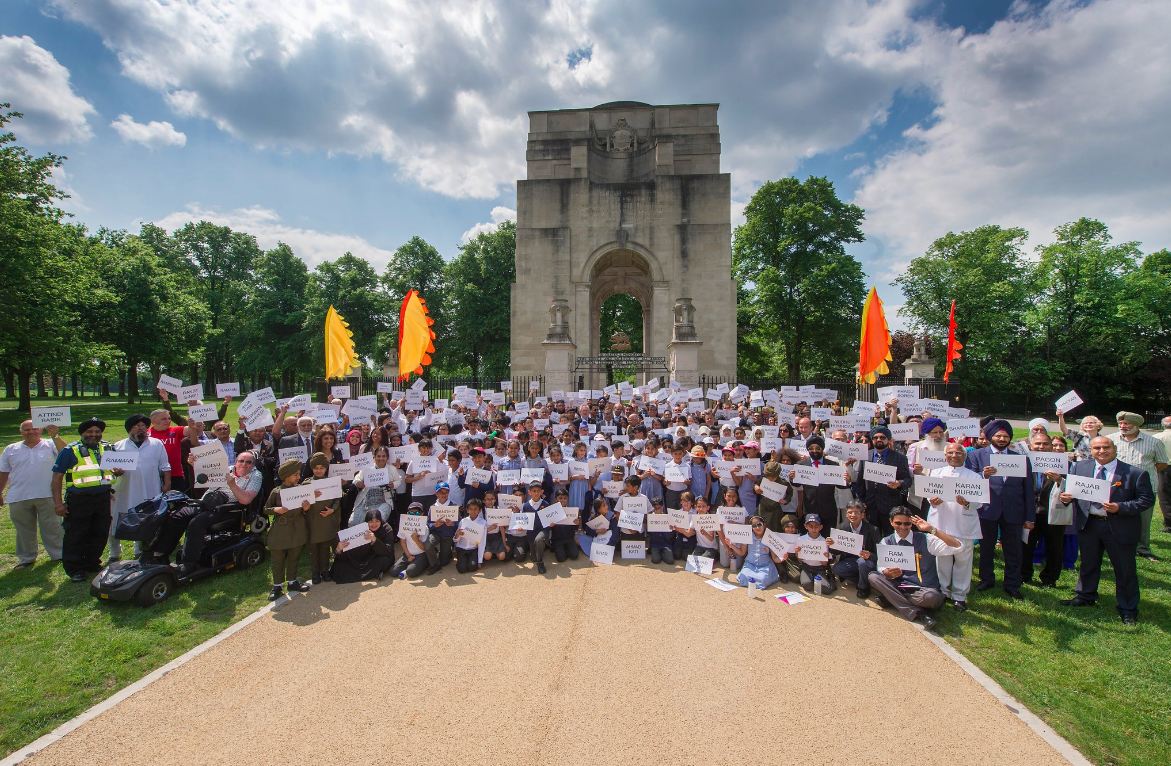 School children in Leicester attending a remembrance event for the Indian Labour Corp at Lutyen's Memorials at Leicester's Victoria Park and New Delhi's India Gate.