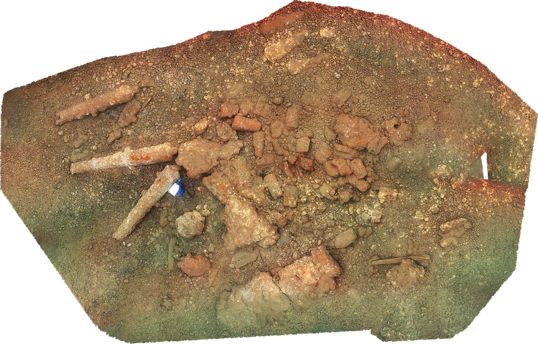 A photo mosaic showing the inshore Chesil Beach cannon site with its eight cast iron cannons