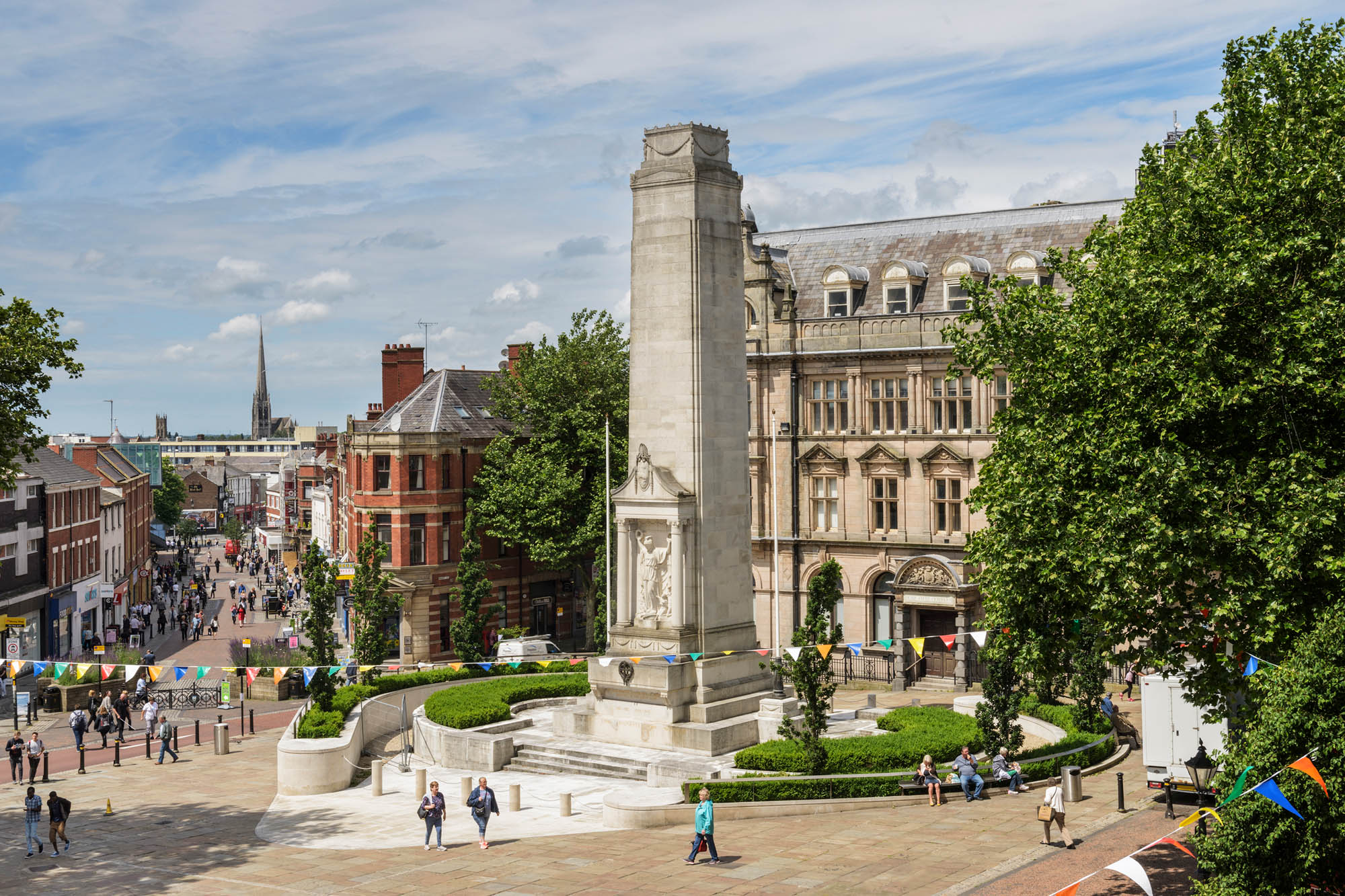 Image of Preston War Memorial, Market Place, Preston, Lancashire, upgraded to I. Preston lost around 2,000 men during the First World War, including soldiers of the Preston Pals. This memorial, rising above the heart of the city, was designed by the eminent architect Sir Giles Gilbert Scott- also the designer of the red telephone box.