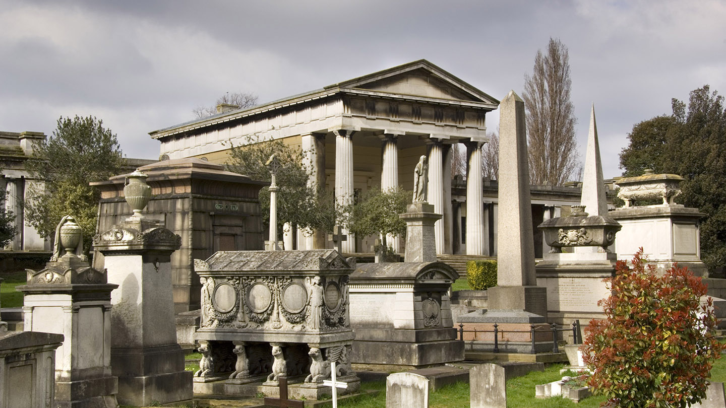 View of monuments in front of a chapel
