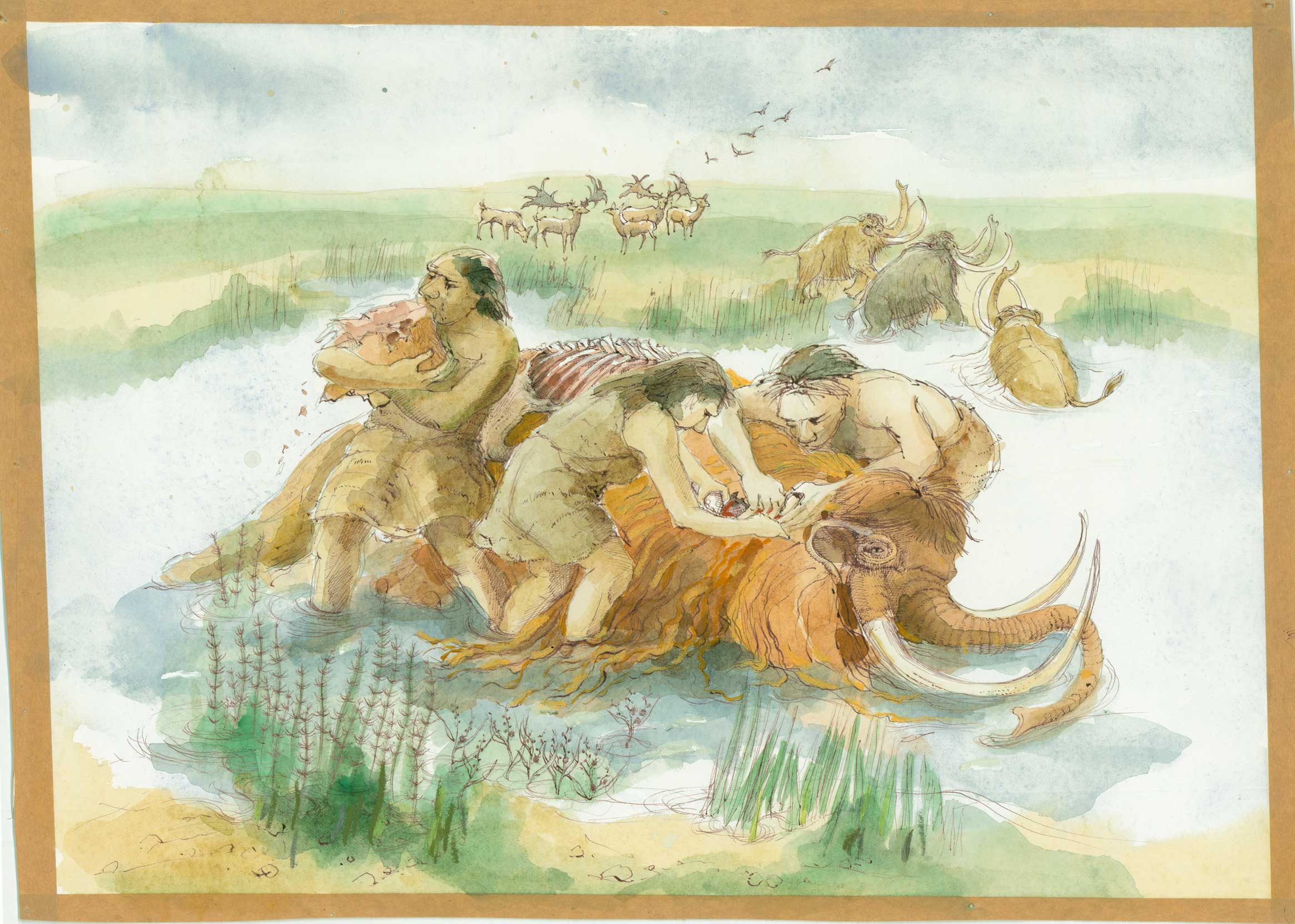 A reconstruction drawing of a group of Neanderthals butchering a mammoth