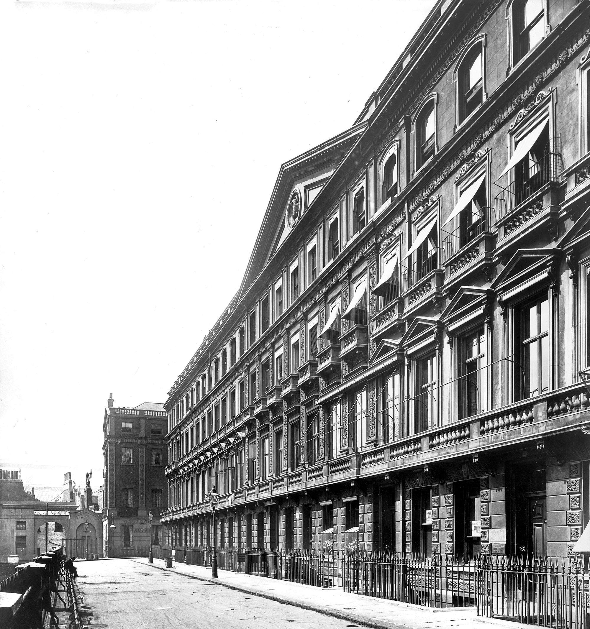 A view along the grand neoclassical facade of the Adelphi Terrace