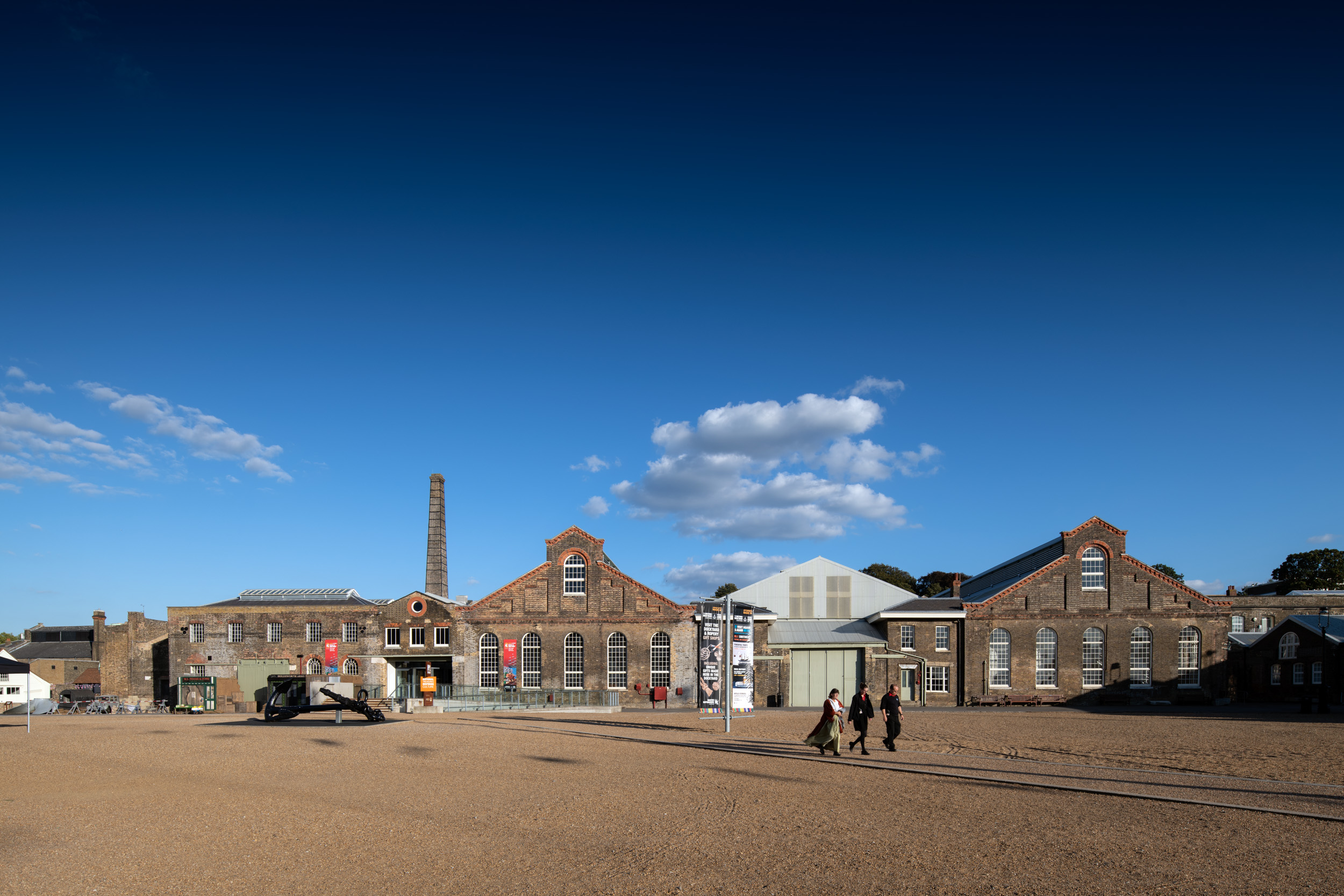 View of a group of buildings at Chatham Dockyards.