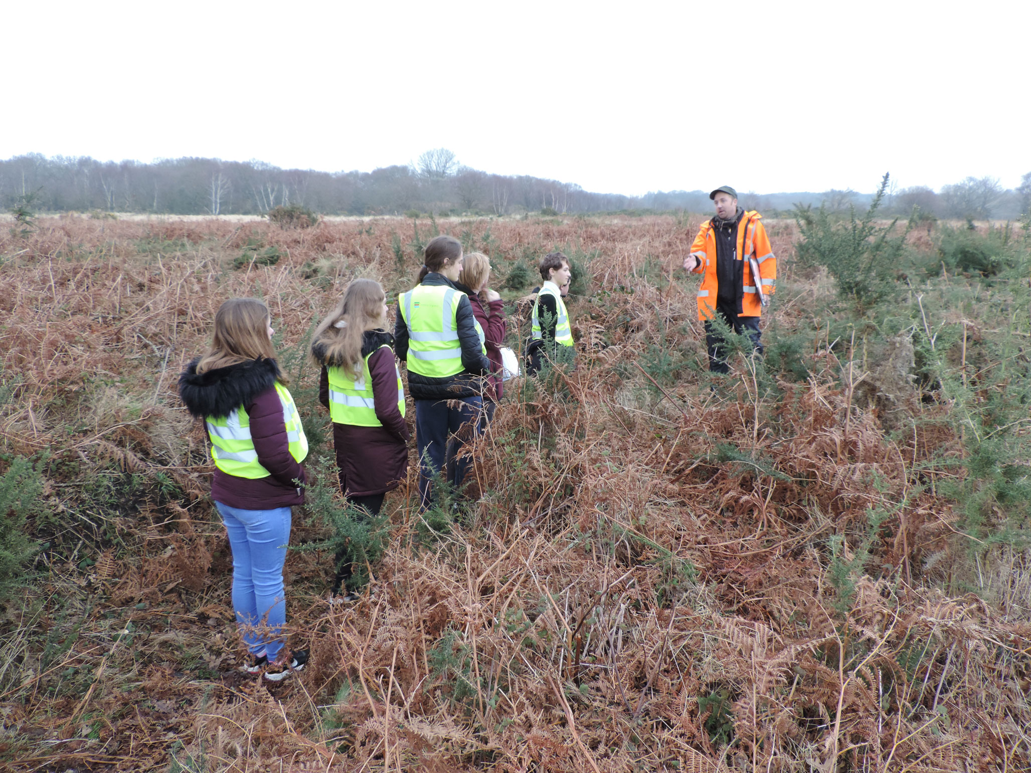 A line of school children in vi-vis vests on a site visit talking to an archaeologist.
