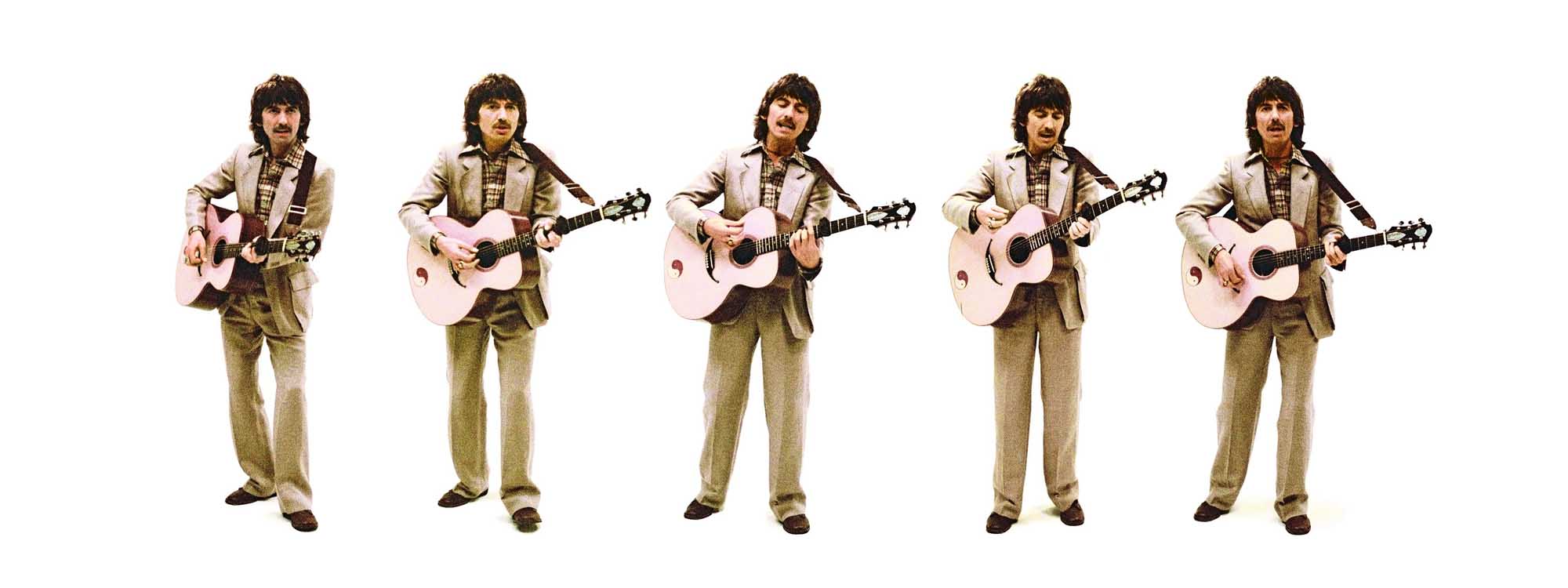 A colour composite image showing 5 different images on a white background of George Harrison playing the guitar in a brown suit