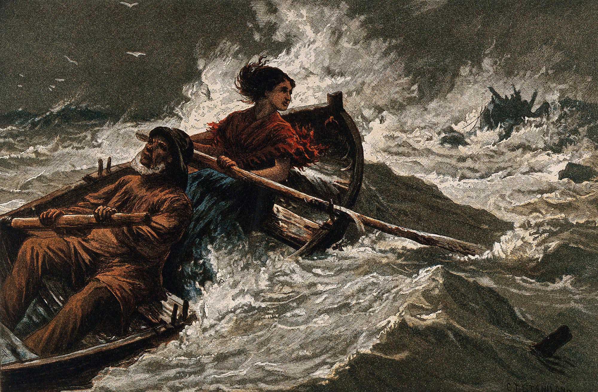 A colour wood engraving shows a man and woman rowing a boat in a storm. A wreck lies on rocks in the background. 