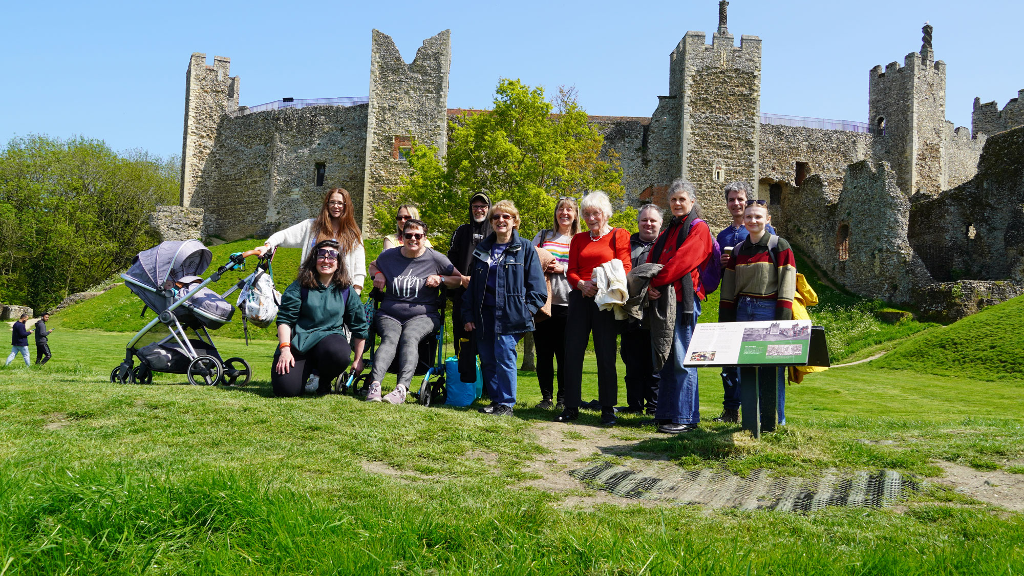A photograph of a group of people enjoying a visit to a castle