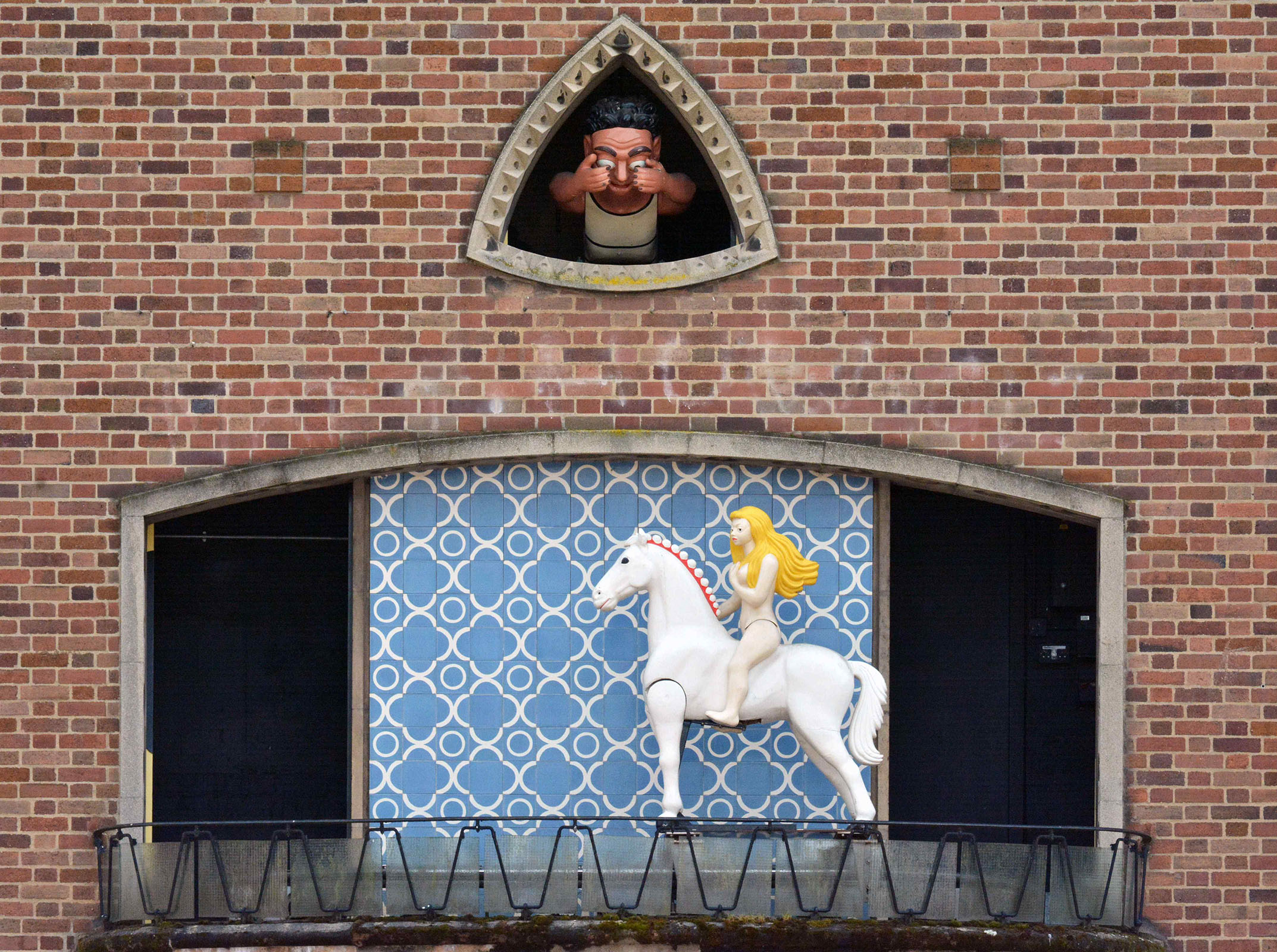 The ceramic Lady Godiva Clock installed on the side of Broadgate House, Coventry.