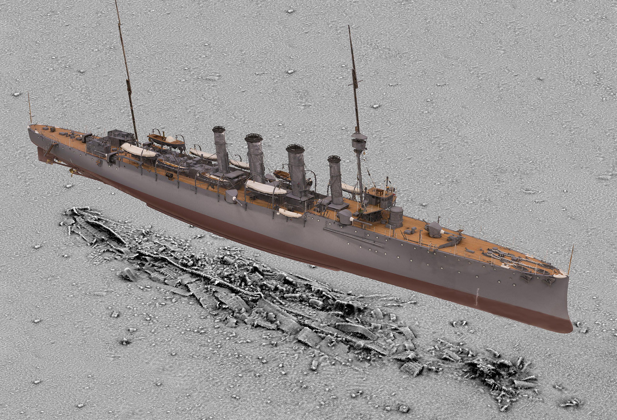 A 3D scan of HMS Falmouth by Historic England's imaging team superimposed on a seabed survey of the wreck. The survey was carried out in partnership with the Maritime and Coastguard Agency © Historic England