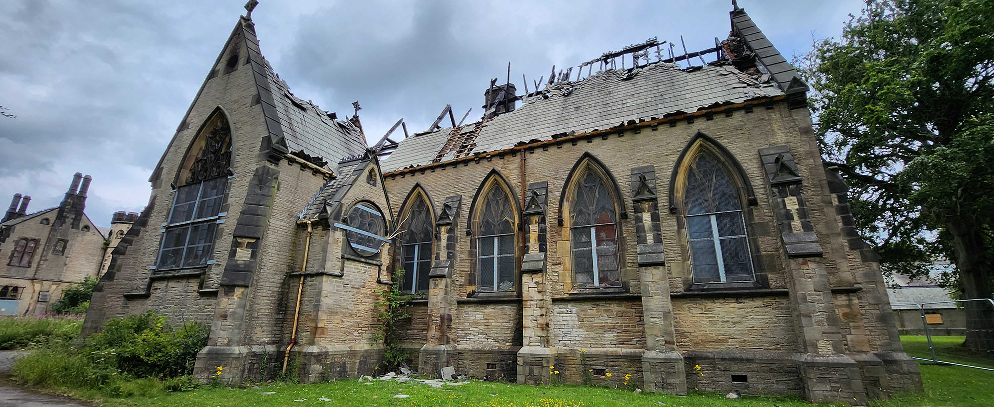 A fire-damaged chapel. 
