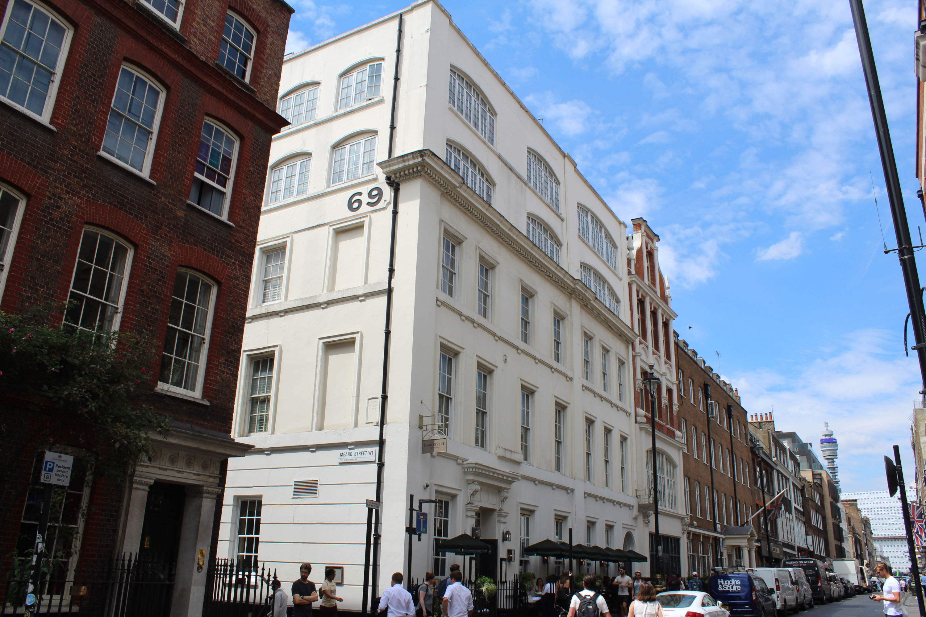 Georgian building on the corner of Dean Street and Meard Street.