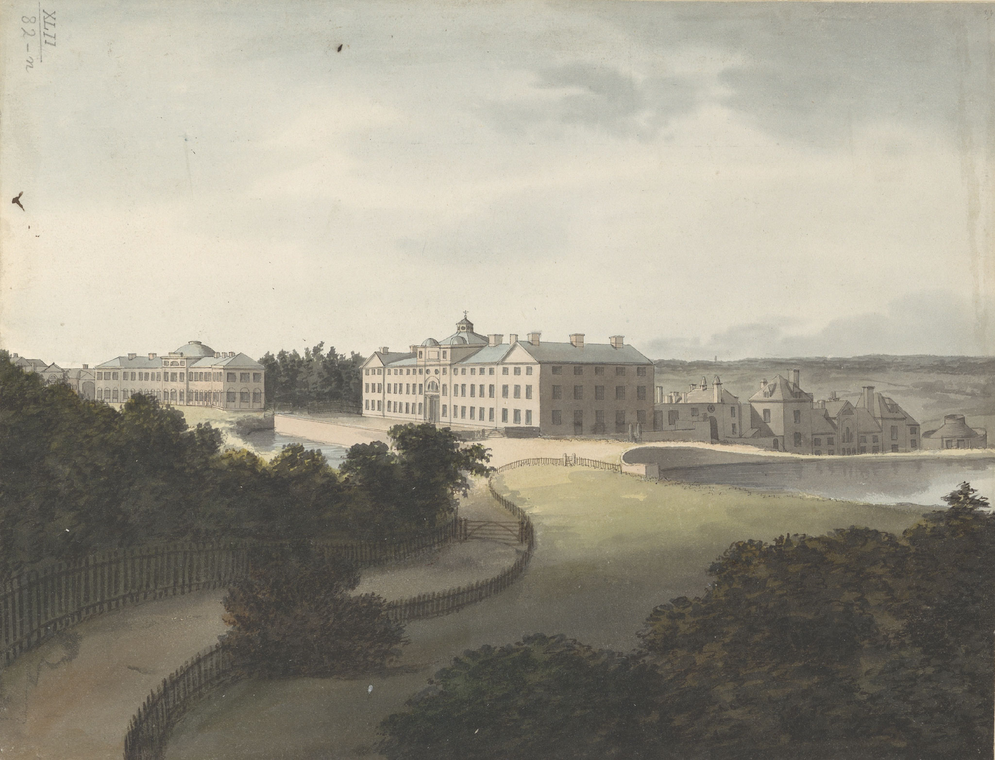 A contemporary painting of an 18th century factory complex.