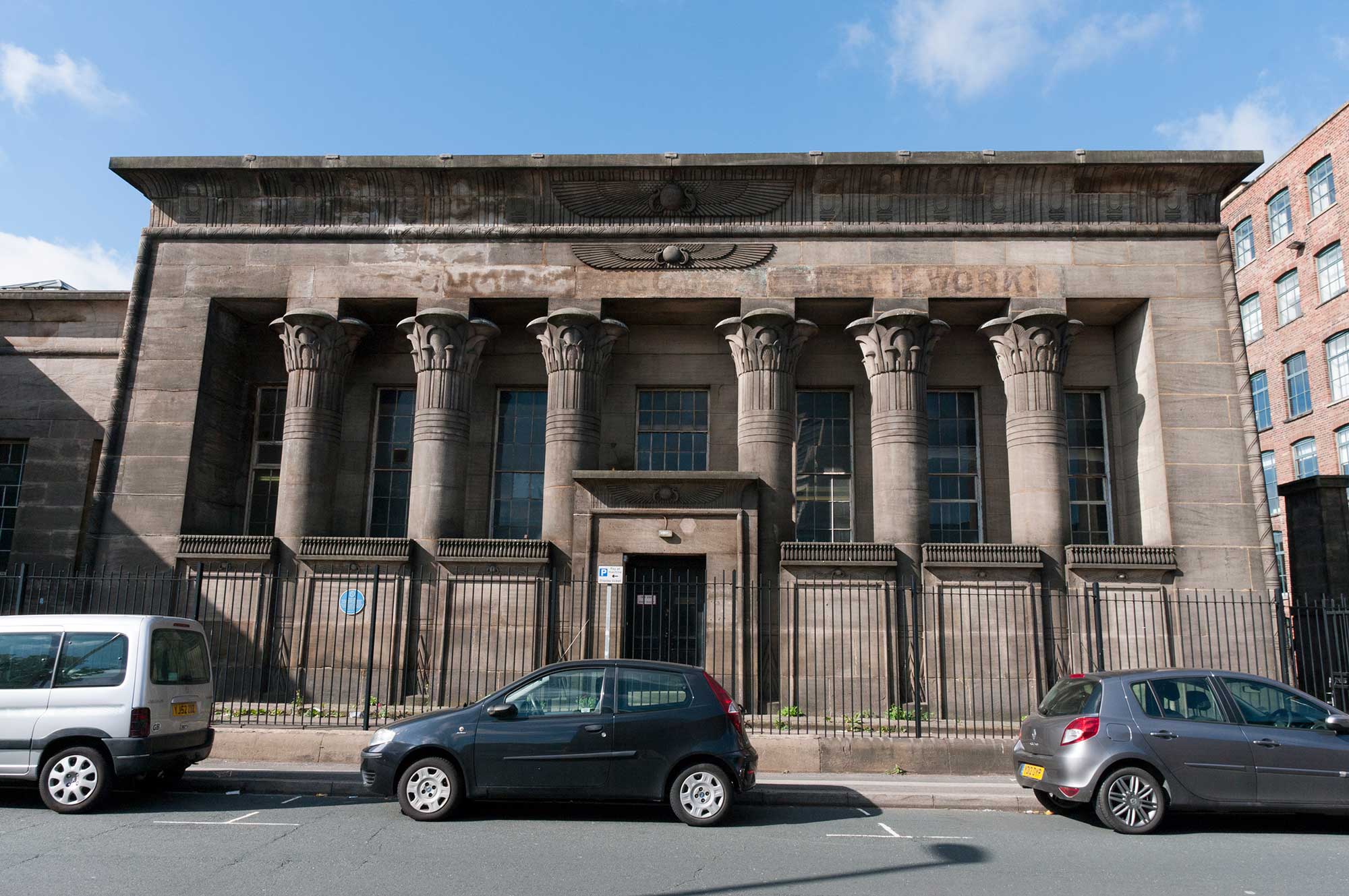 Building with Egyptian facade based on the Temple of Edfu