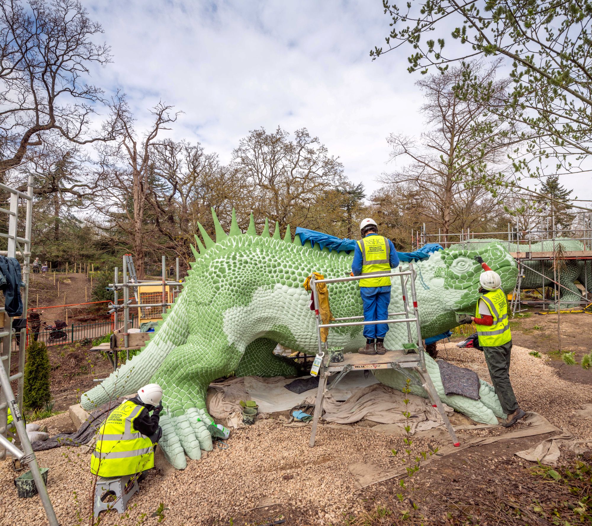 Photo of a large dinosaur model being painted green by three people.