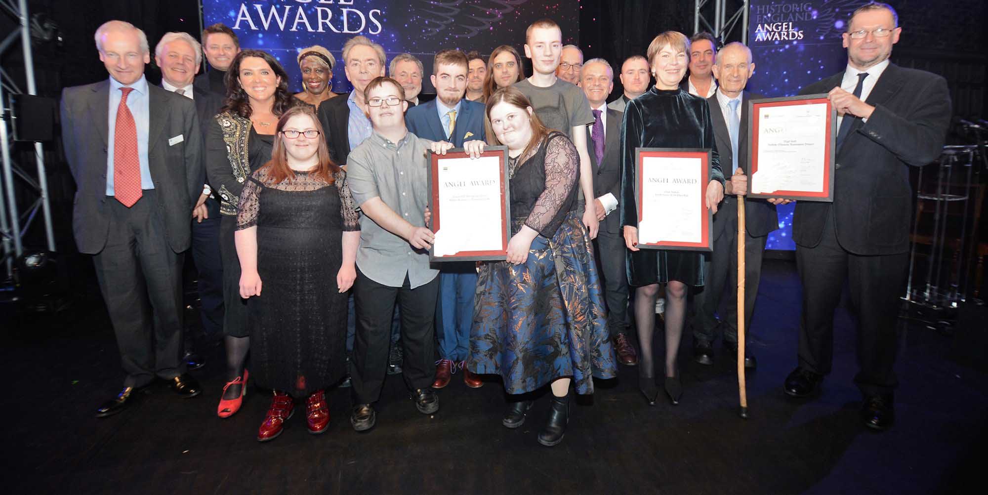 Historic England Angel Award winners 2017 pictured with hosts Andrew Lloyd Webber and Bettany Hughes, Historic England's Sir Laurie Magnus and Duncan Wilson, and judges Baroness Lola Young and George Clarke.
